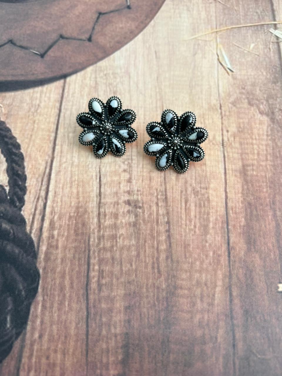 Handmade Sterling Silver White Buffalo Post Studs Earrings "Signed Nizhoni"