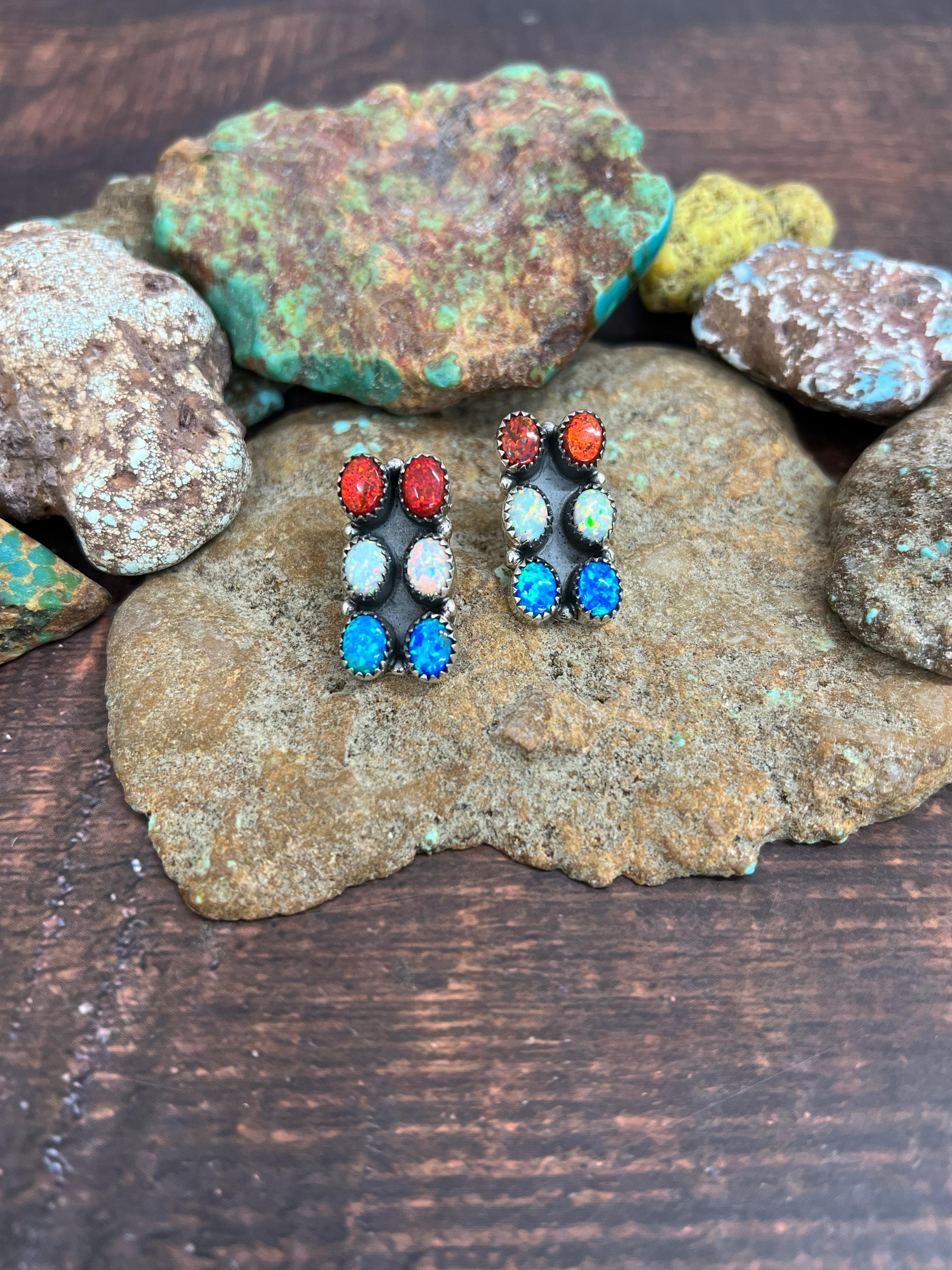 ** 4TH OF JULY ** Handmade Sterling Silver Synthetic Opal Post Earrings with Signed Nizhoni