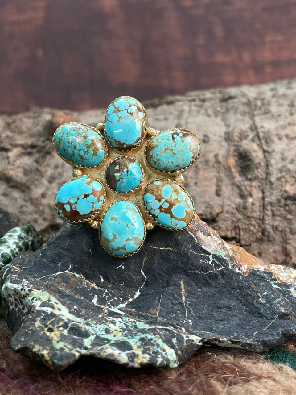 “The Golden Collection” Handmade Number 8 Turquoise Gold Overlay Adjustable Ring