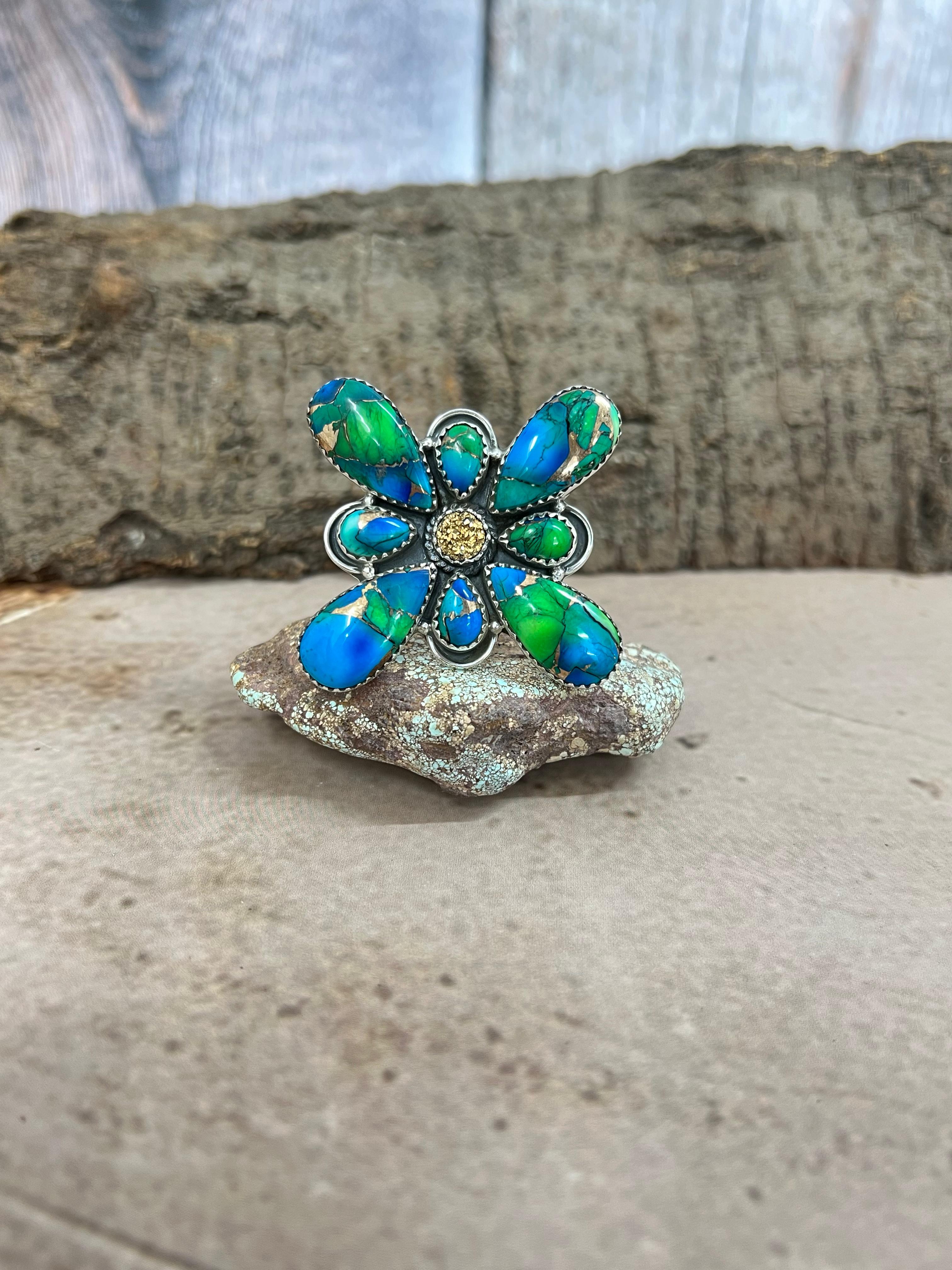 Handmade Sterling Silver Peacock Dahlia with Druzy Adjustable Ring with Signed Nizhoni