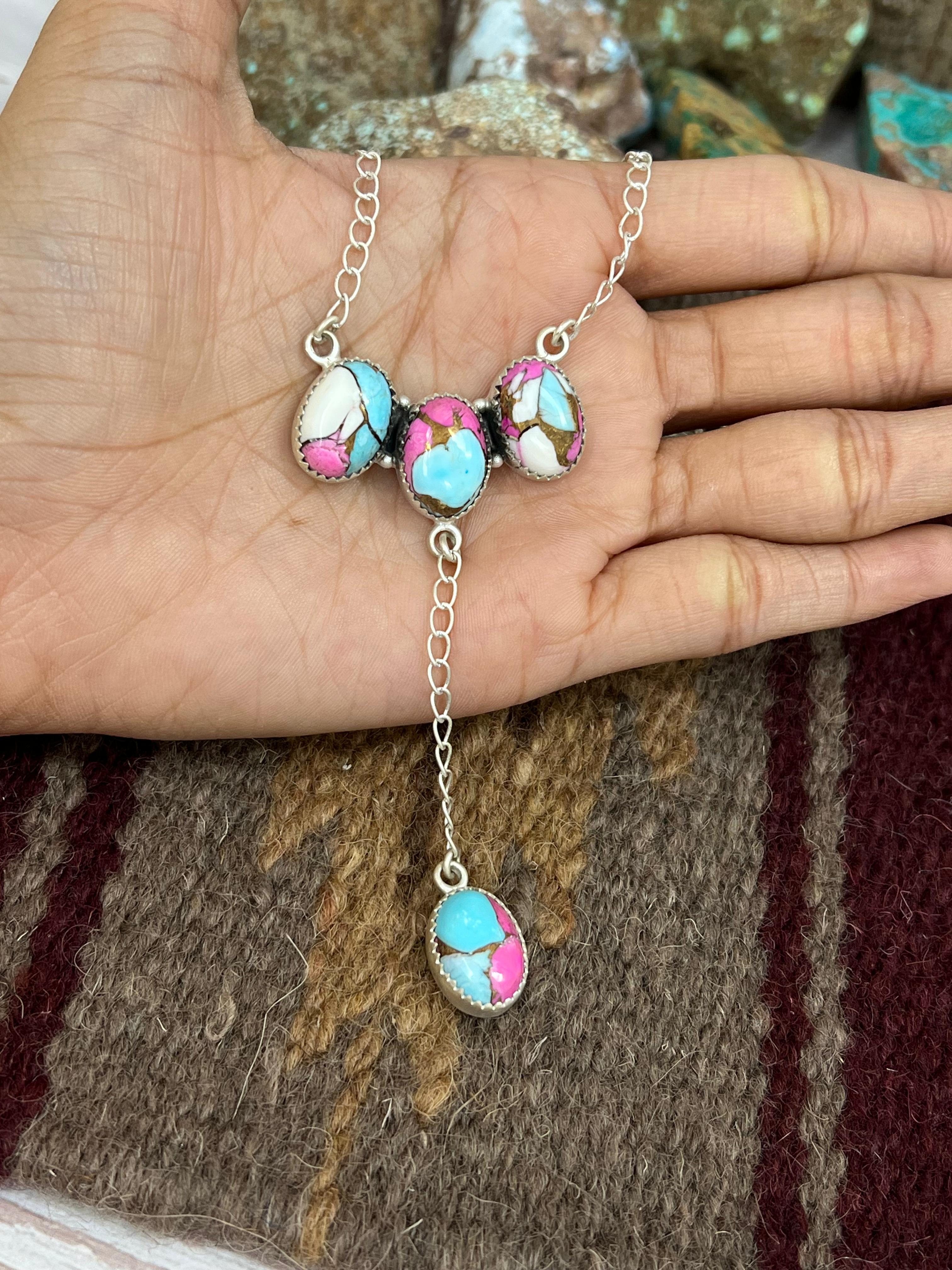 Handmade Sterling Silver Cotton Candy Turquoise Necklace with Signed Nizhoni