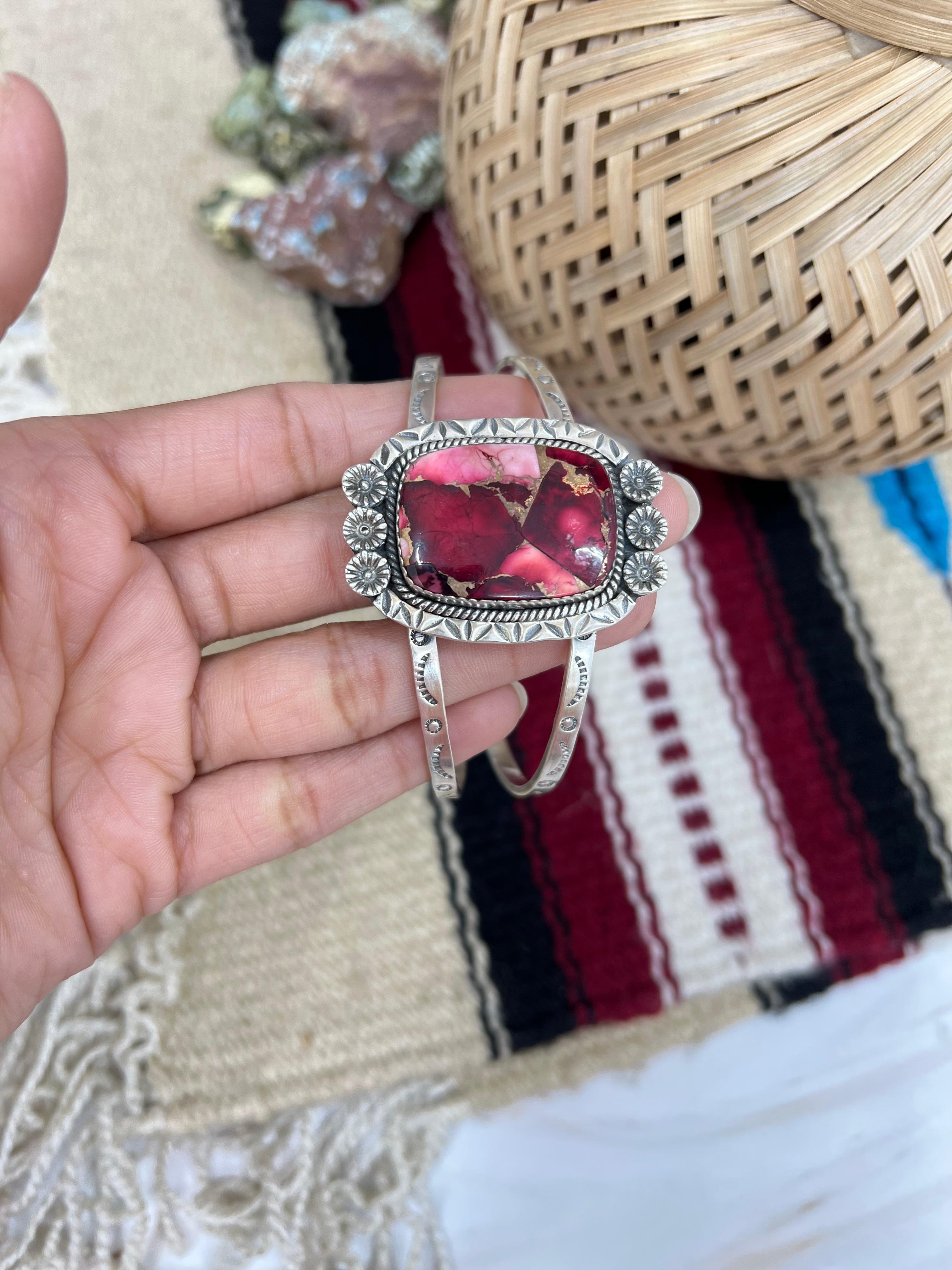 Handmade Sterling Silver Dahlia Rose Cuff Bracelet with Signed Nizhoni