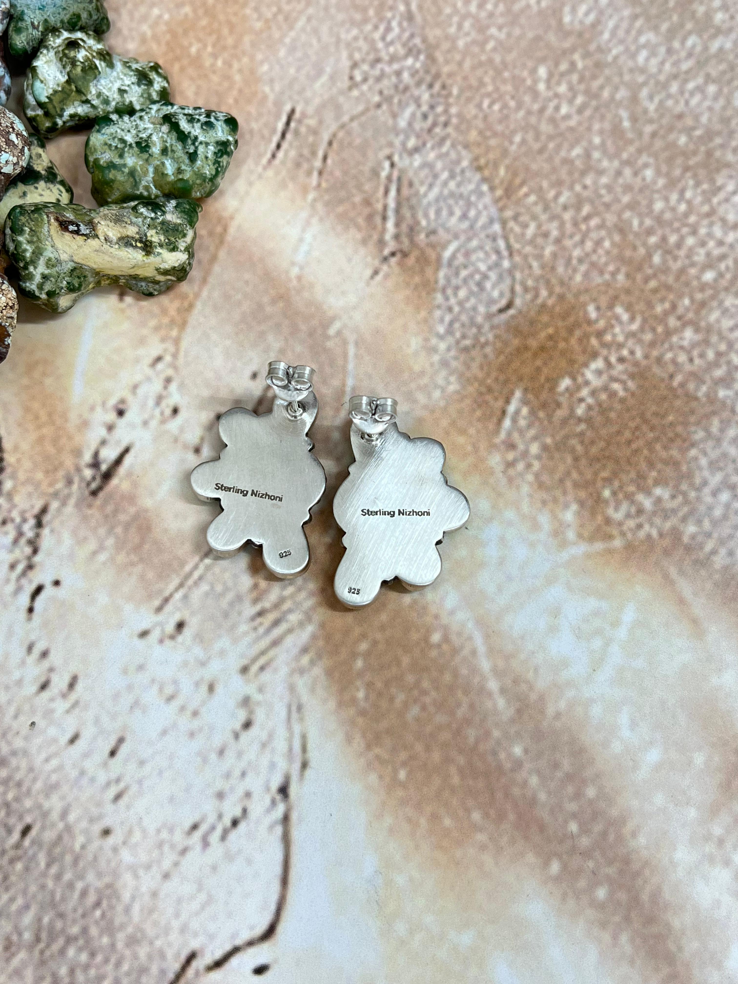 Handmade Sterling Silver Blue Bird Turquoise Crescent Post Earrings with Signed Nizhoni