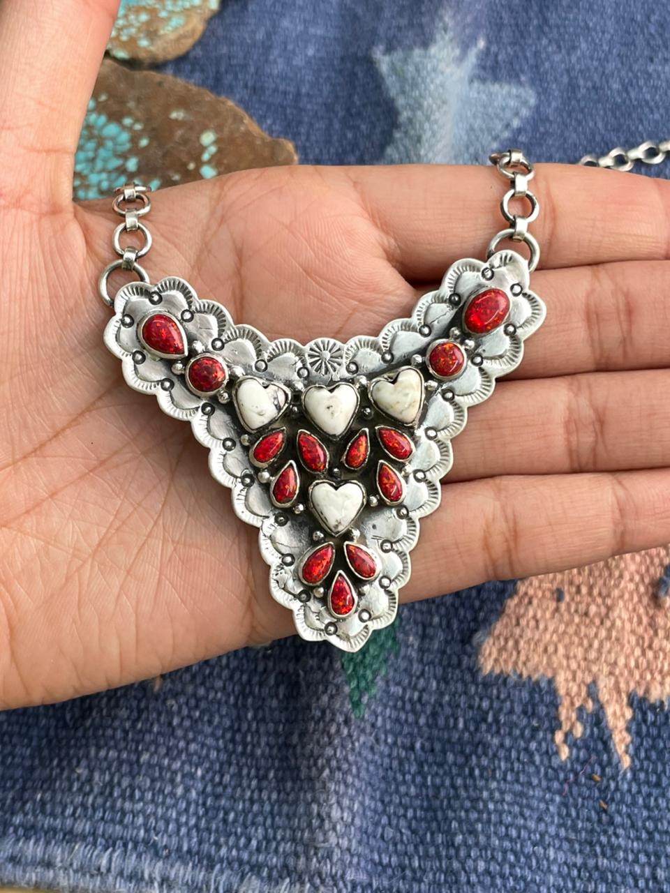 Handmade Sterling Silver White Buffalo with Red Opal Necklace "Signed Nizhoni"