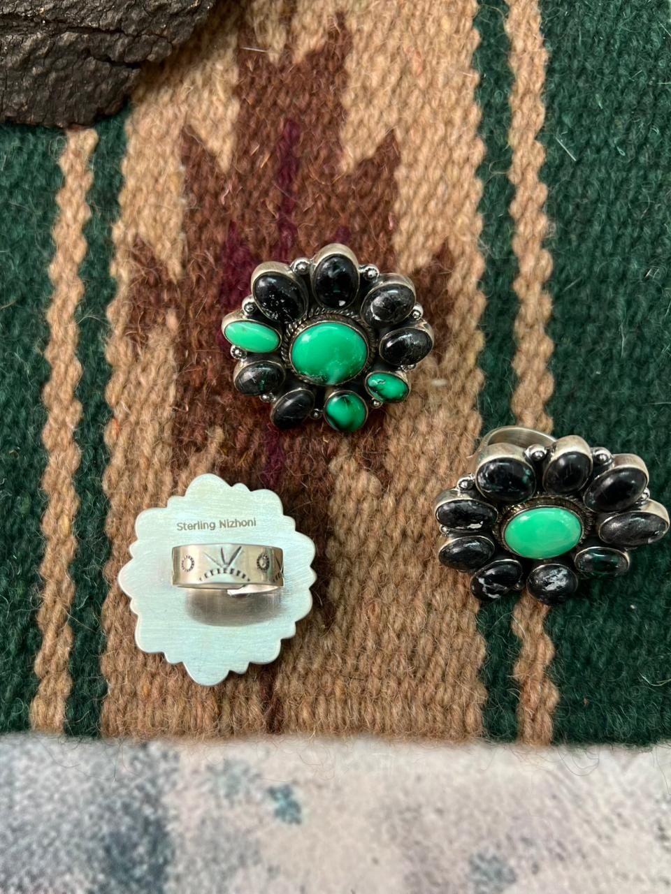 Handmade Sterling Silver Emerald Rose Adjustable Ring "Signed Nizhoni"