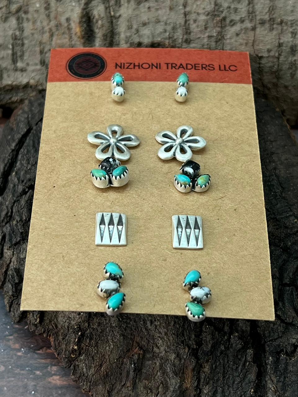 Handmade Sterling Silver Kingman with White Buffalo Post Studs Earrings Set