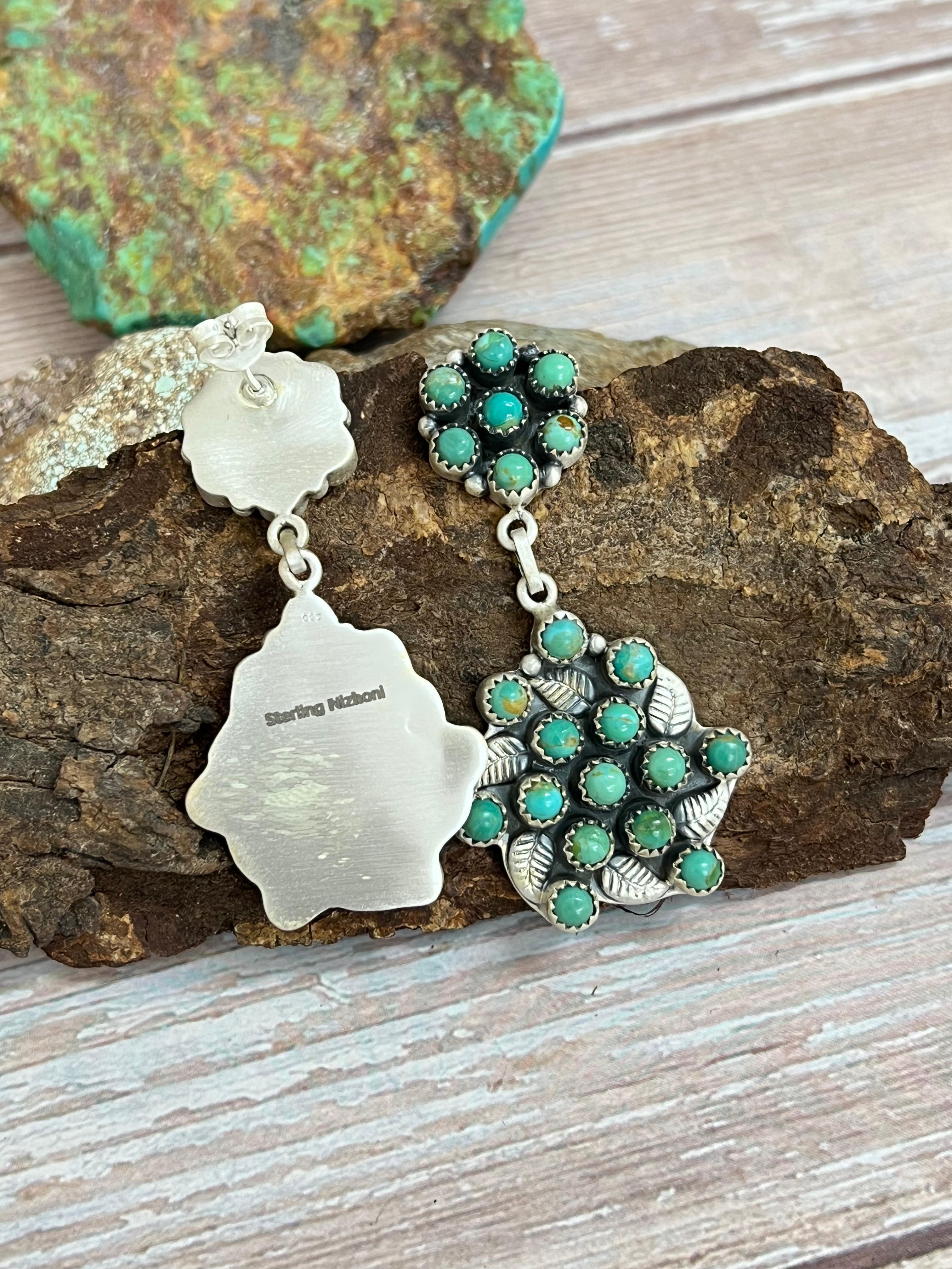 Handmade Sterling Silver Kingman Turquoise Post Dangle Earrings with Signed Nizhoni