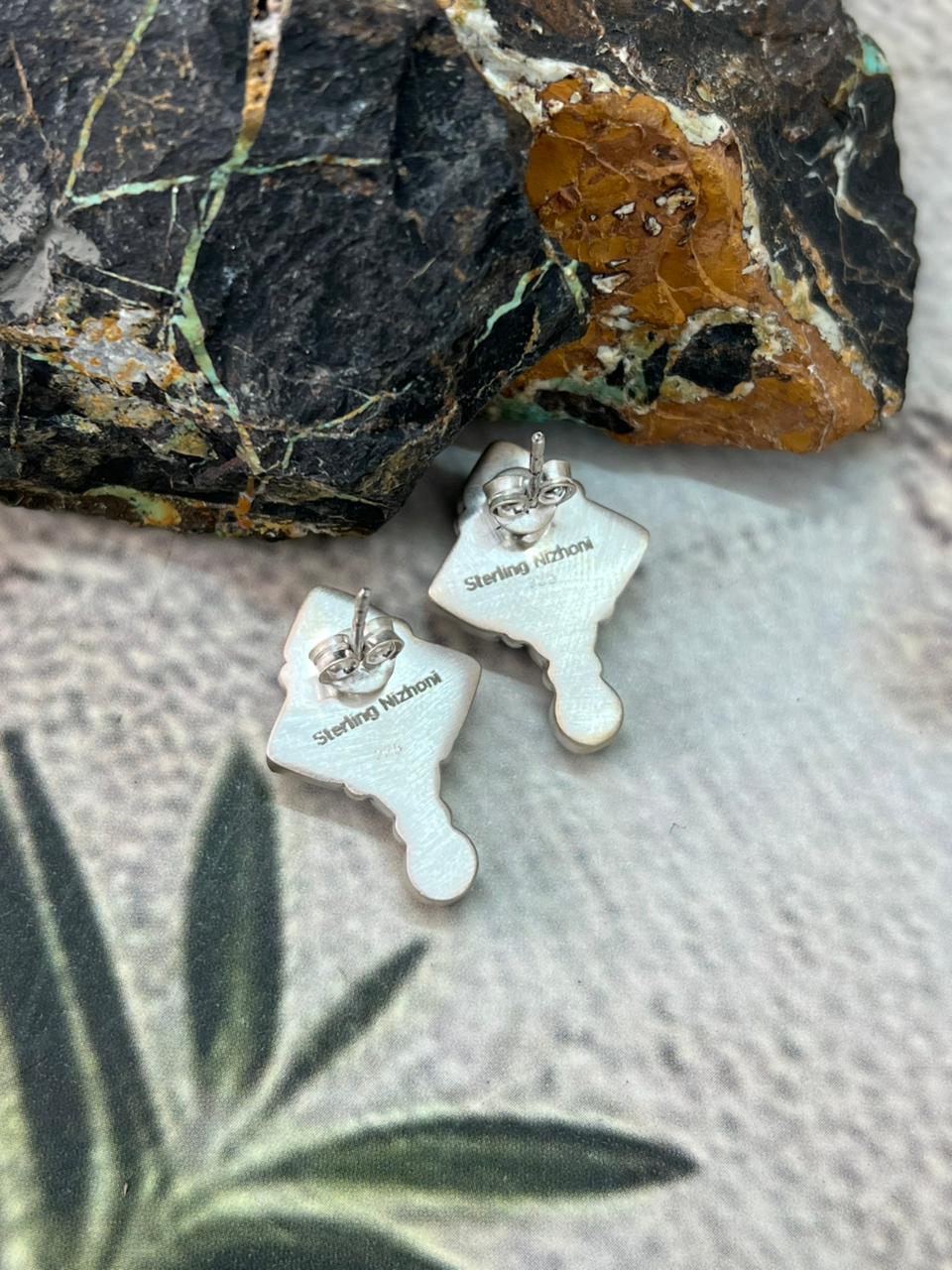 Handmade Sterling Silver Kingman Turquoise Post Studs Earrings "Signed Nizhoni"