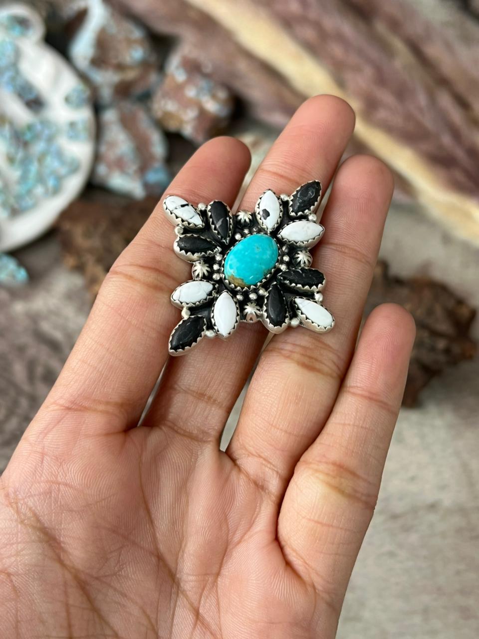 Handmade Sterling Silver White Buffalo with Santa Maria Adjustable Ring "Signed Nizhoni"