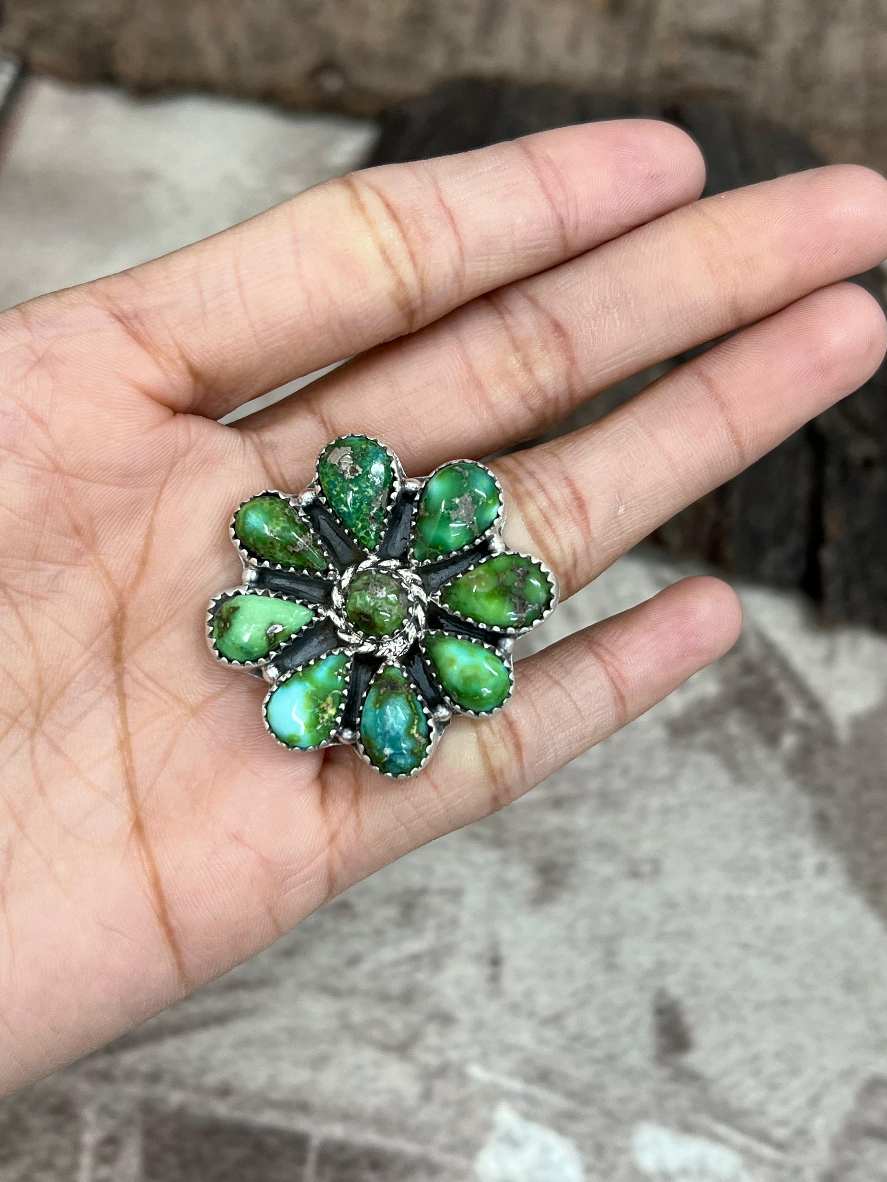 Handmade Sterling Silver Sonoran Mountain Turquoise Adjustable Ring with Signed Nizhoni