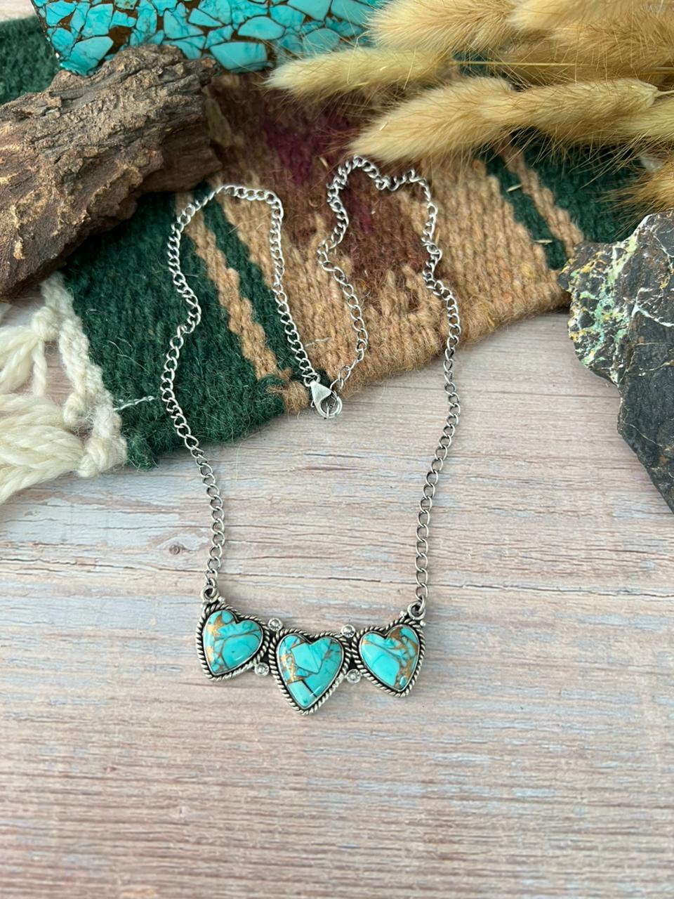 Handmade Sterling Silver Mint Dahlia Collection: Heart Necklace "Signed Nizhoni"