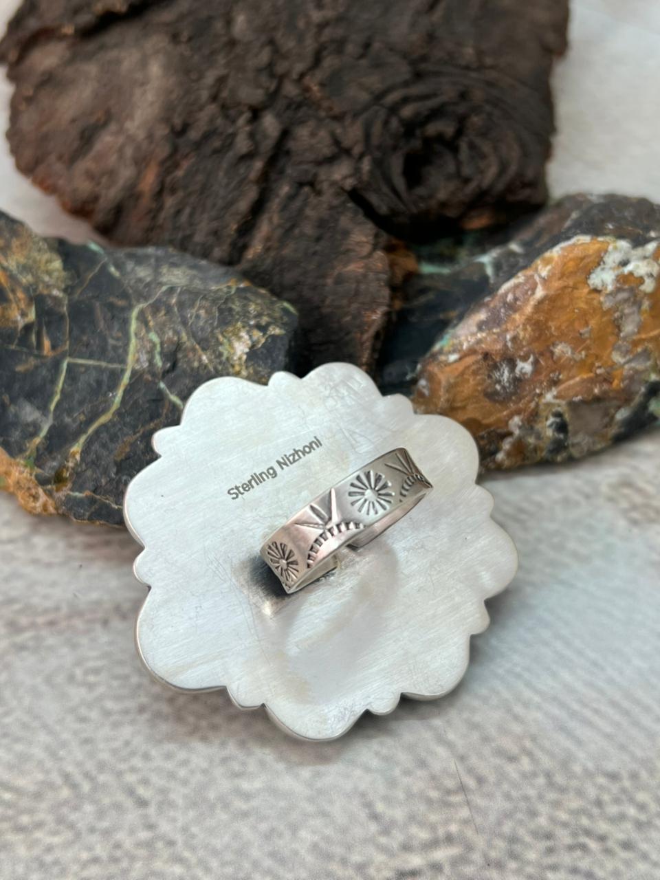 Handmade Sterling Silver Blackjack Turquoise Adjustable Ring " Signed Nizhoni"