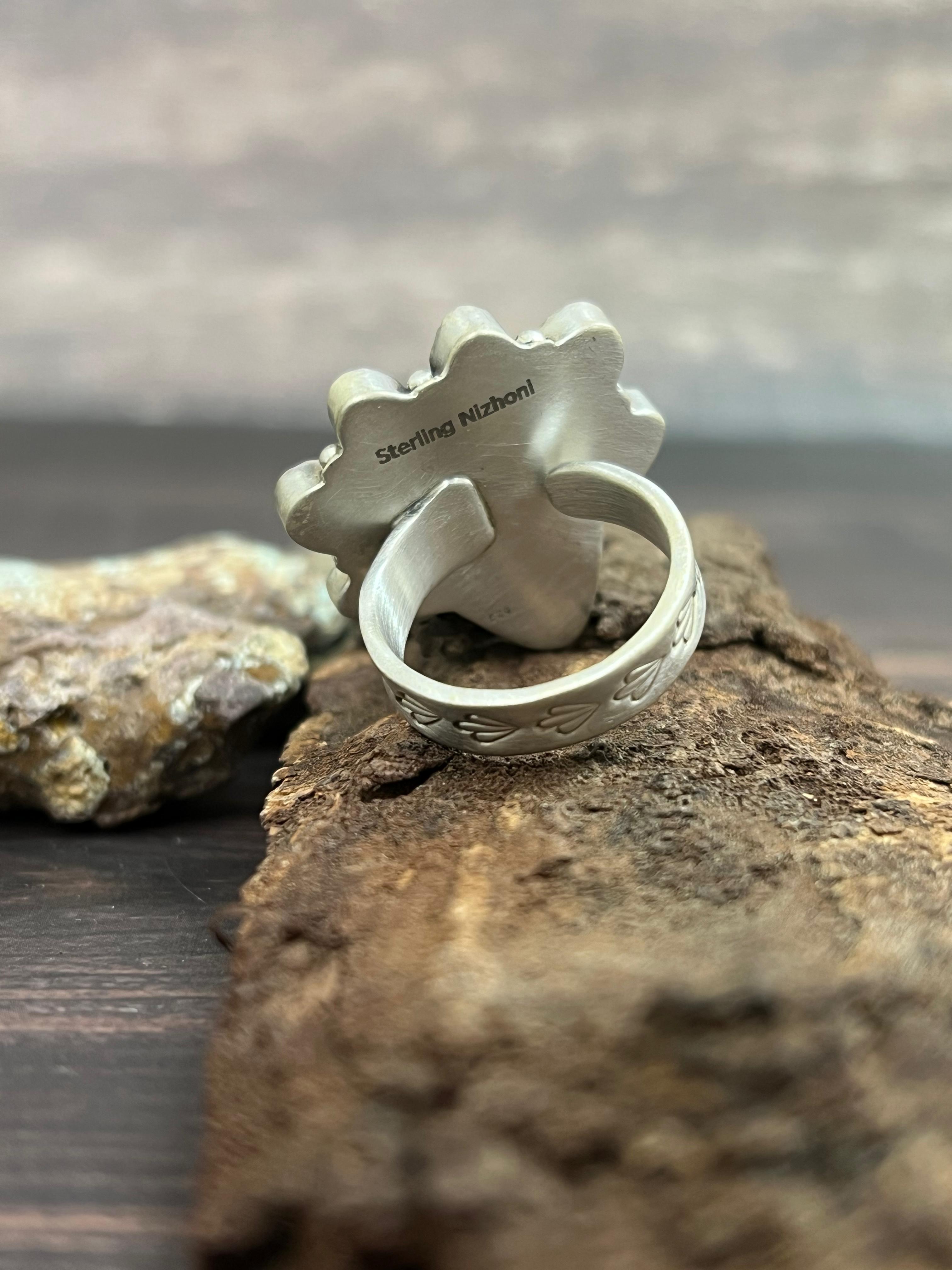 Handmade Sterling Silver Kingman Turquoise Adjustable Bullhead Ring with Signed Nizhoni