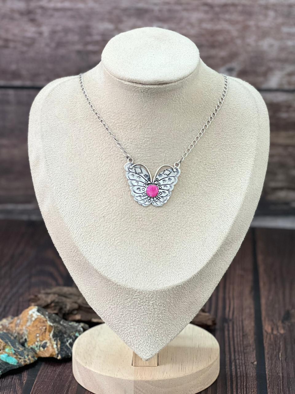 Handmade Sterling Silver Hot Pink Butterfly Necklace "Signed Nizhoni" (9)