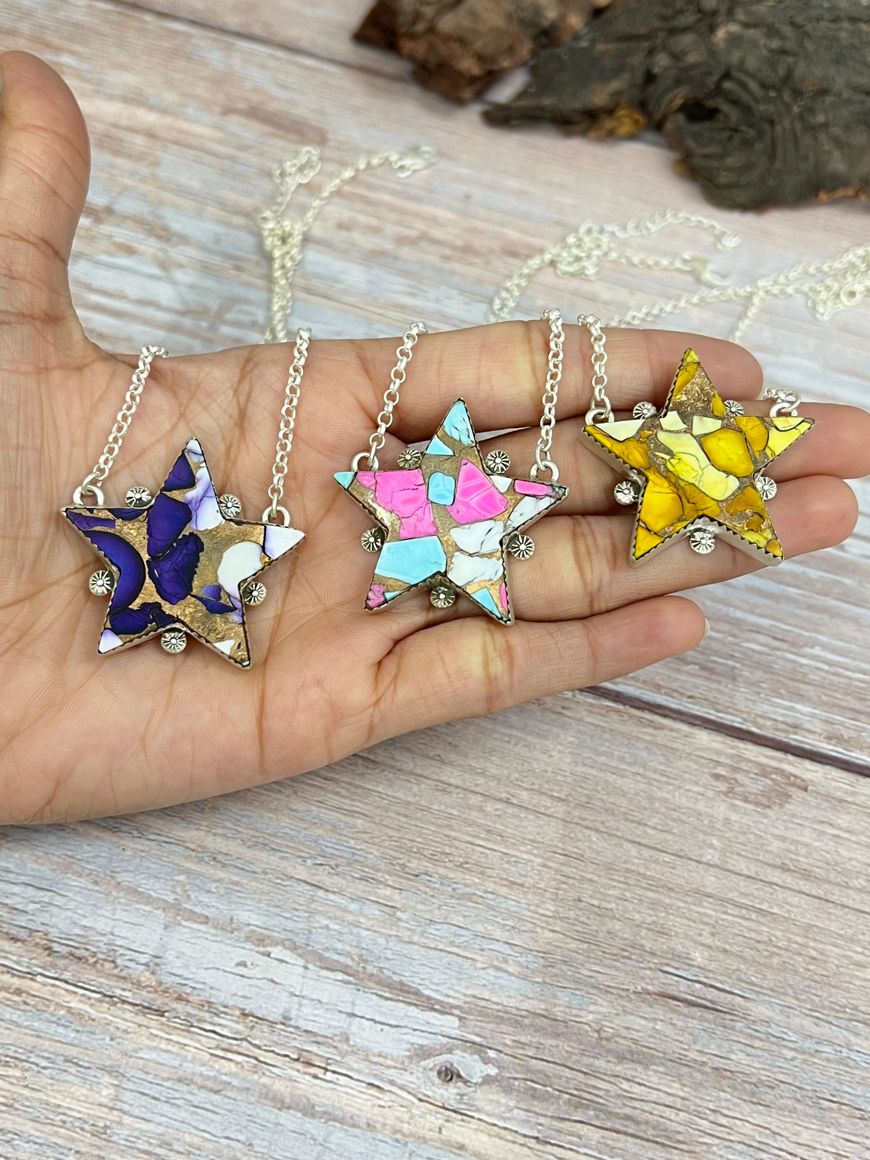 Handmade Sterling Silver Multi Stone Star Necklace, Signed Nizhoni