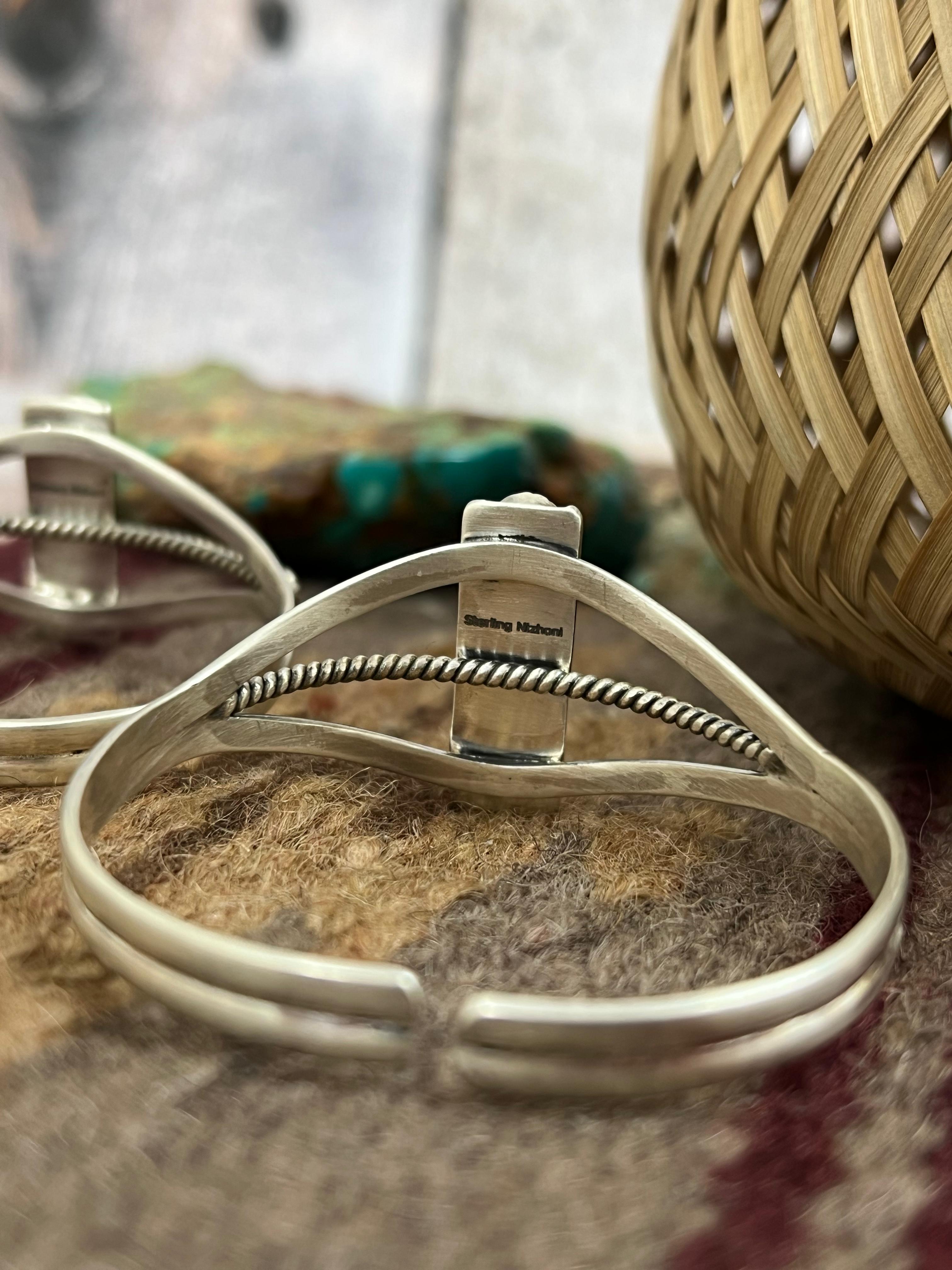 Handmade Sterling Silver Cotton Candy, Kingman Turquoise Cuff Bracelet with Signed Nizhoni