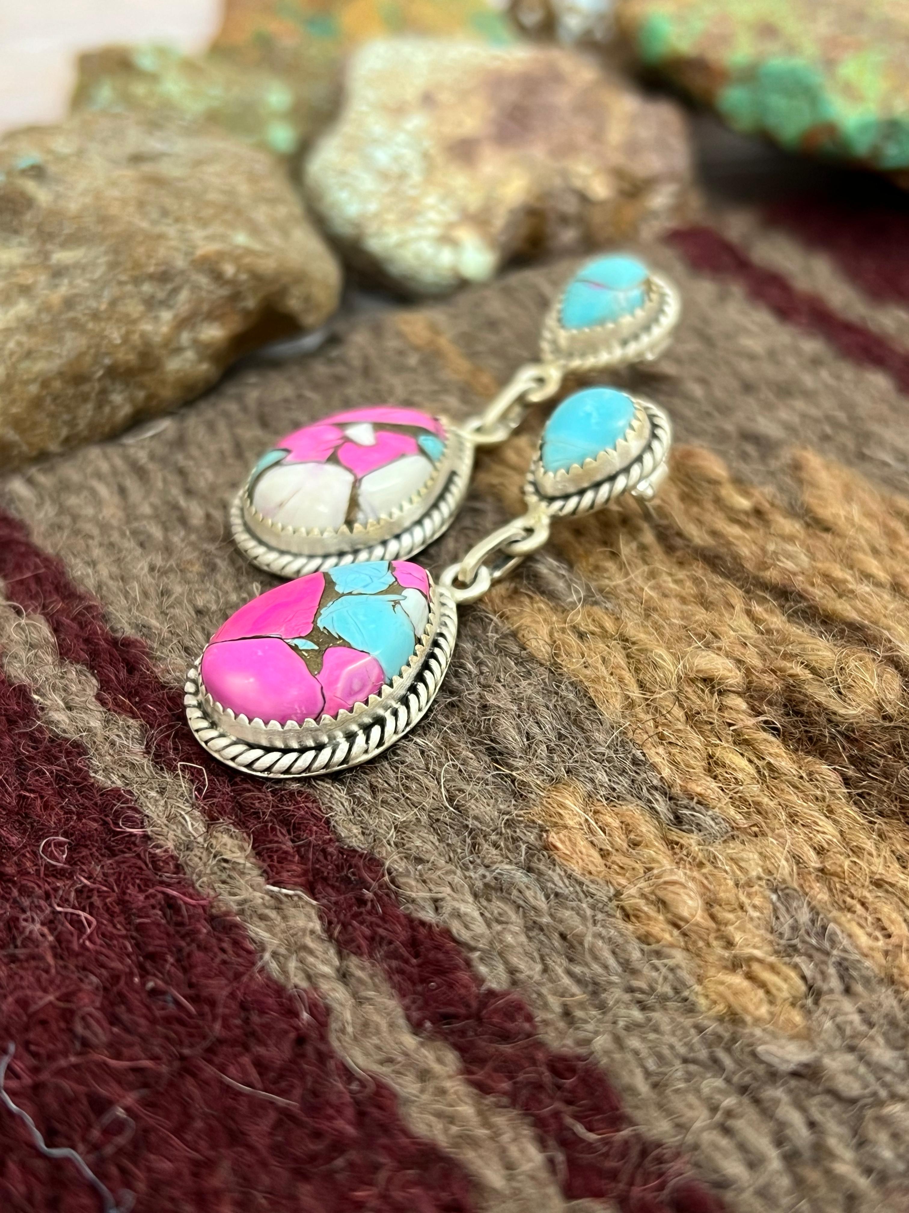 Handmade Sterling Silver Cotton Candy Turquoise Post Dangle Earrings with Signed Nizhoni