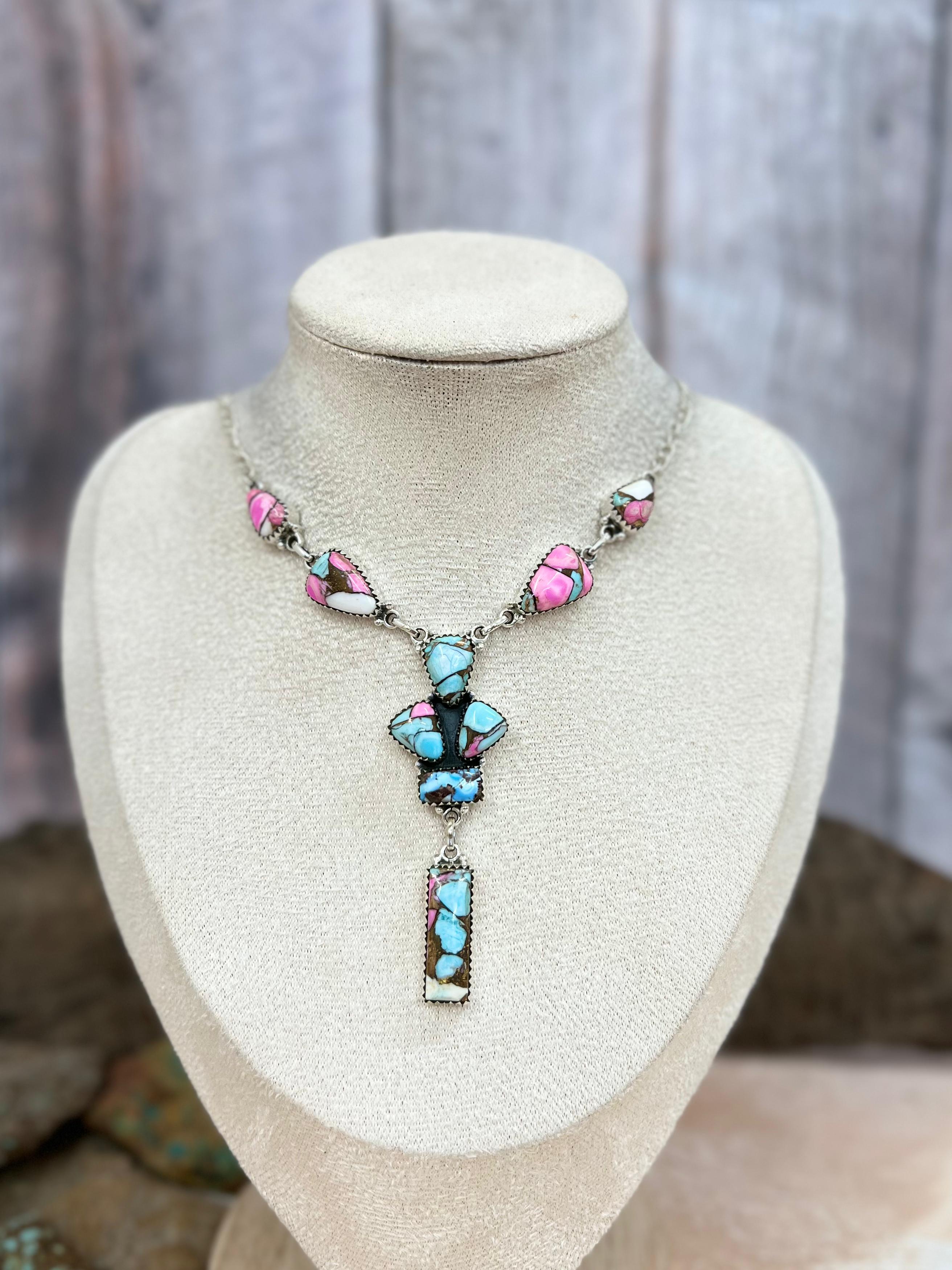 Handmade Sterling Silver Cotton Candy Turquoise Necklace with Signed Nizhoni