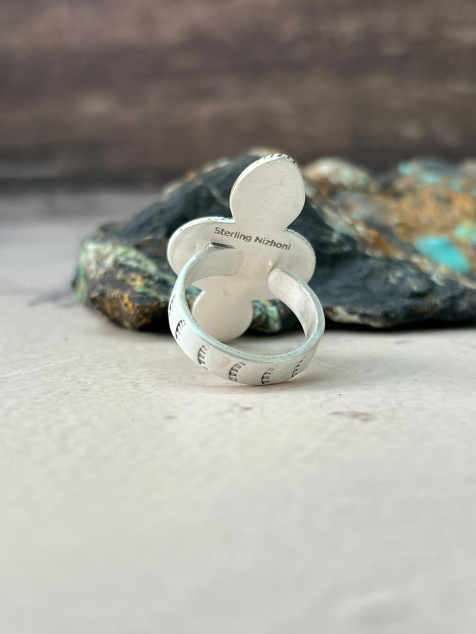 Handmade Sterling Silver Sonoran Mountain with Golden Hills Turquoise Adjustable Ring "Signed Nizhoni"