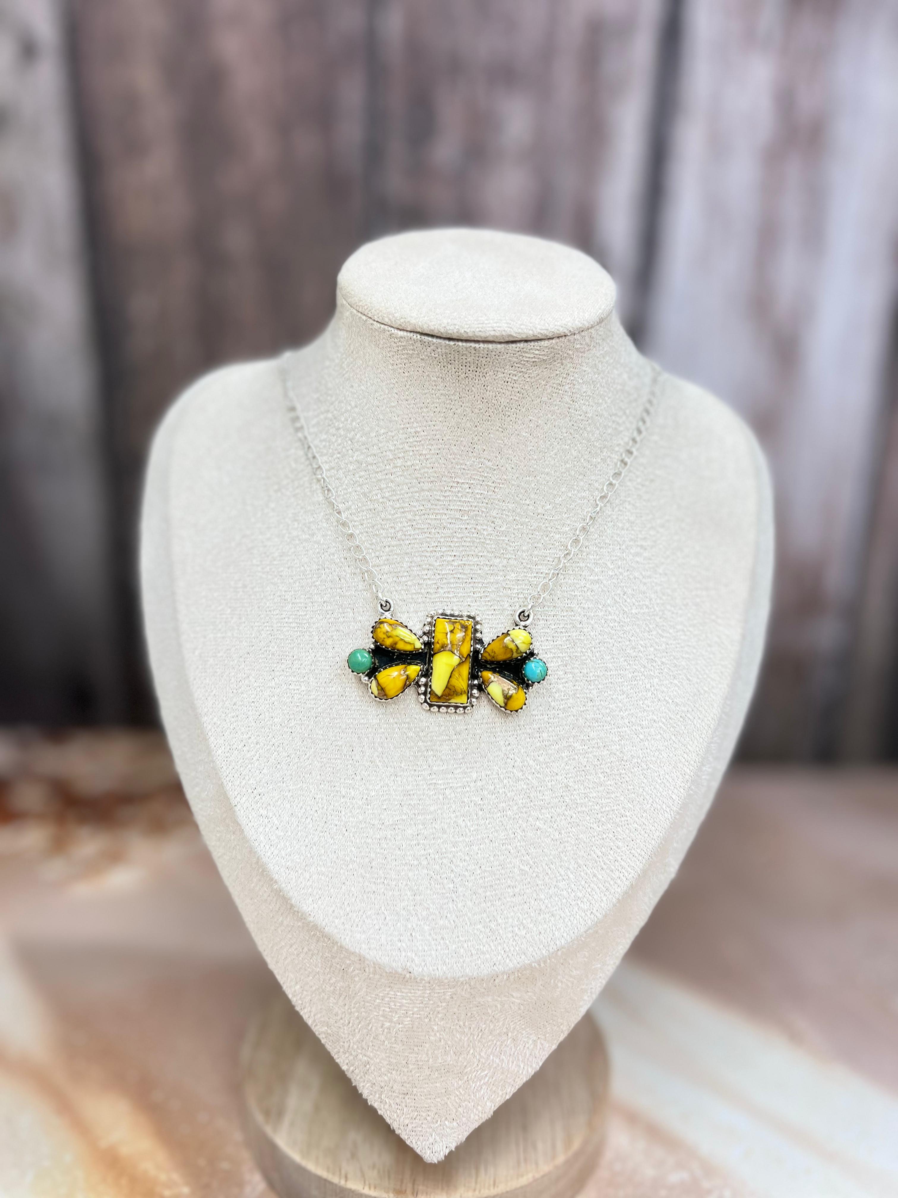 Handmade Sterling Silver Honey Dahlia with Kingman Turquoise Necklace, Signed Nizhoni