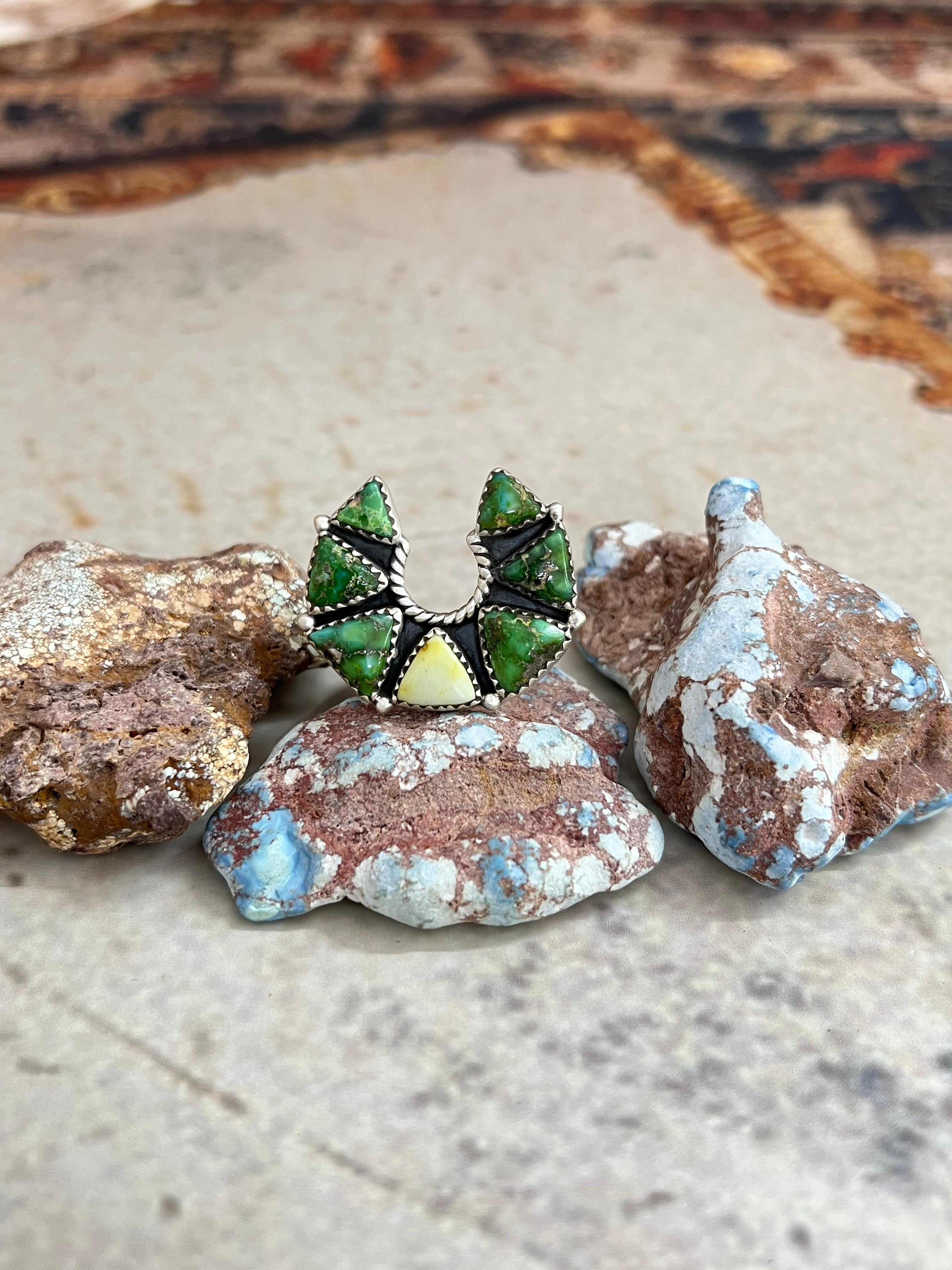 Handmade Sterling Silver Sonoran Mountain Turquoise, Palomino Turquoise Naja Adjustable Ring, Signed Nizhoni (6)