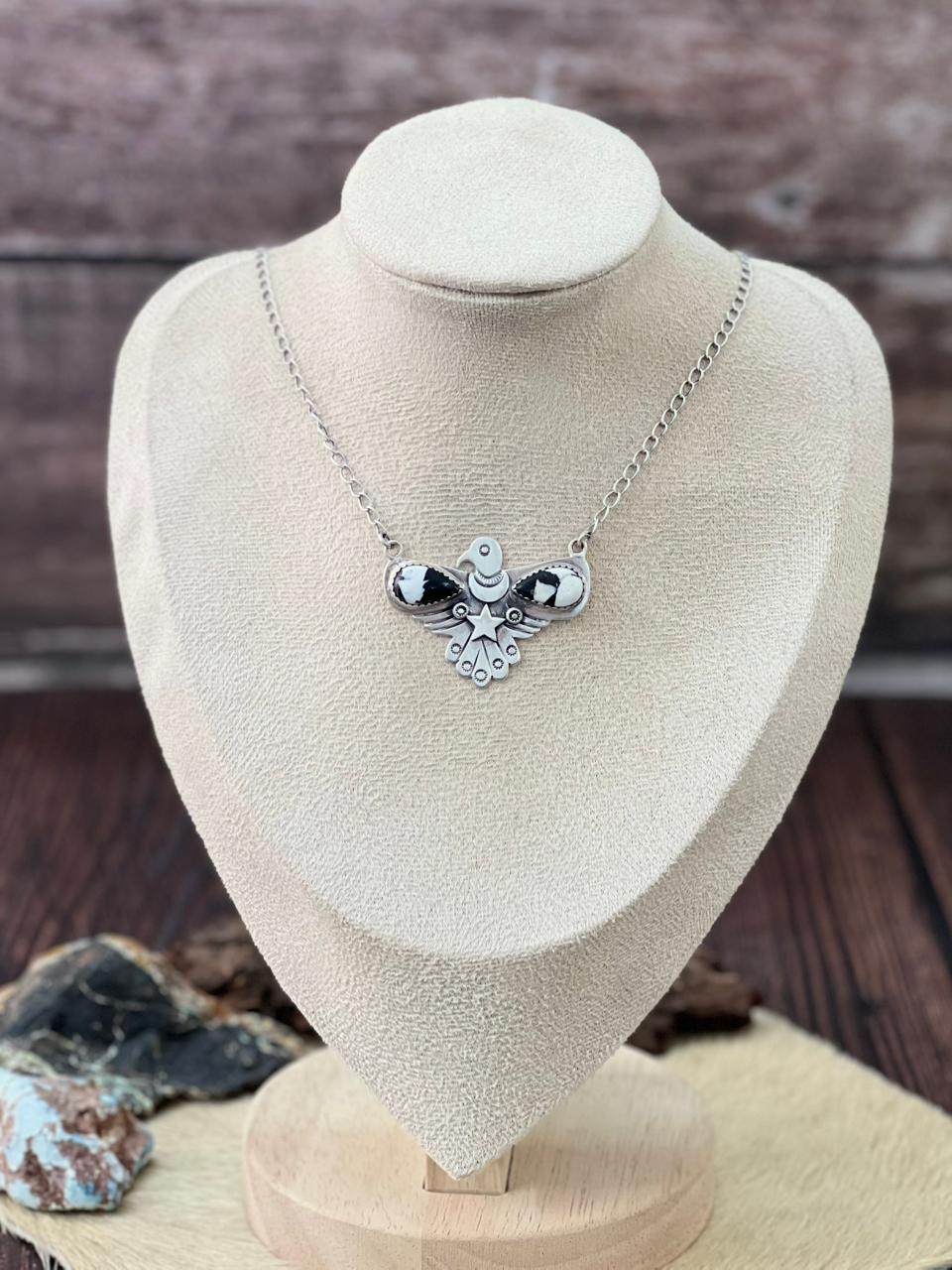 Handmade Sterling Silver White Buffalo Thunder Bird Necklace "Signed Nizhoni"