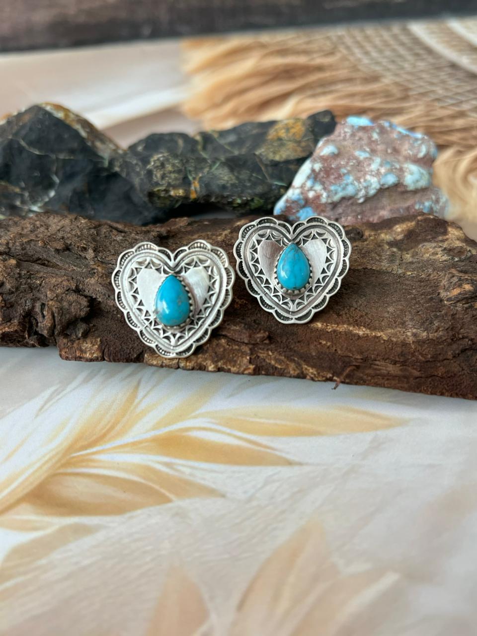 Handmade Sterling Silver Kingman Turquoise Post Heart Studs Earrings "Signed Nizhoni"