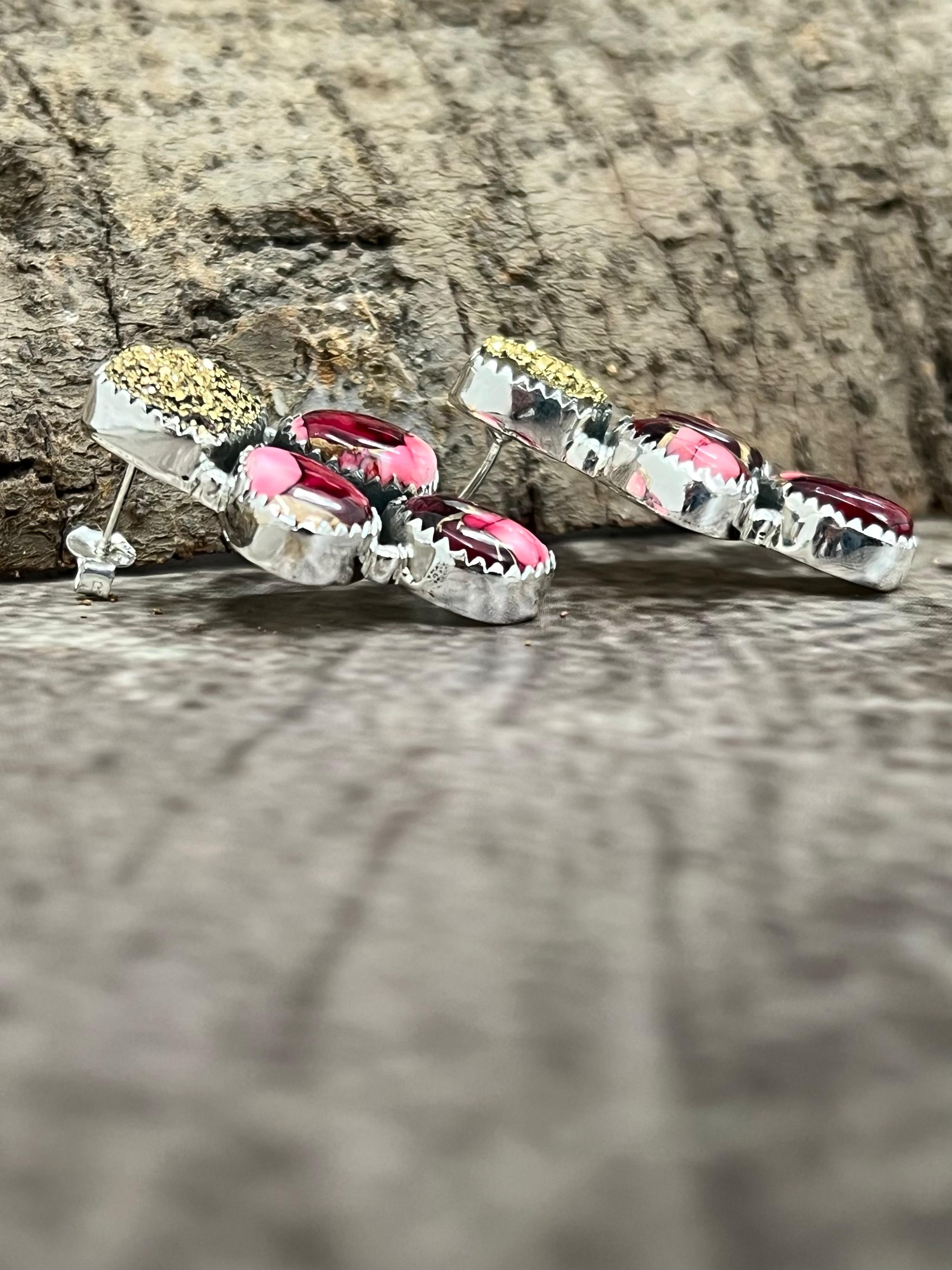 Handmade Sterling Silver Dahlia Rose with Druzy Post Earrings with Signed Nizhoni