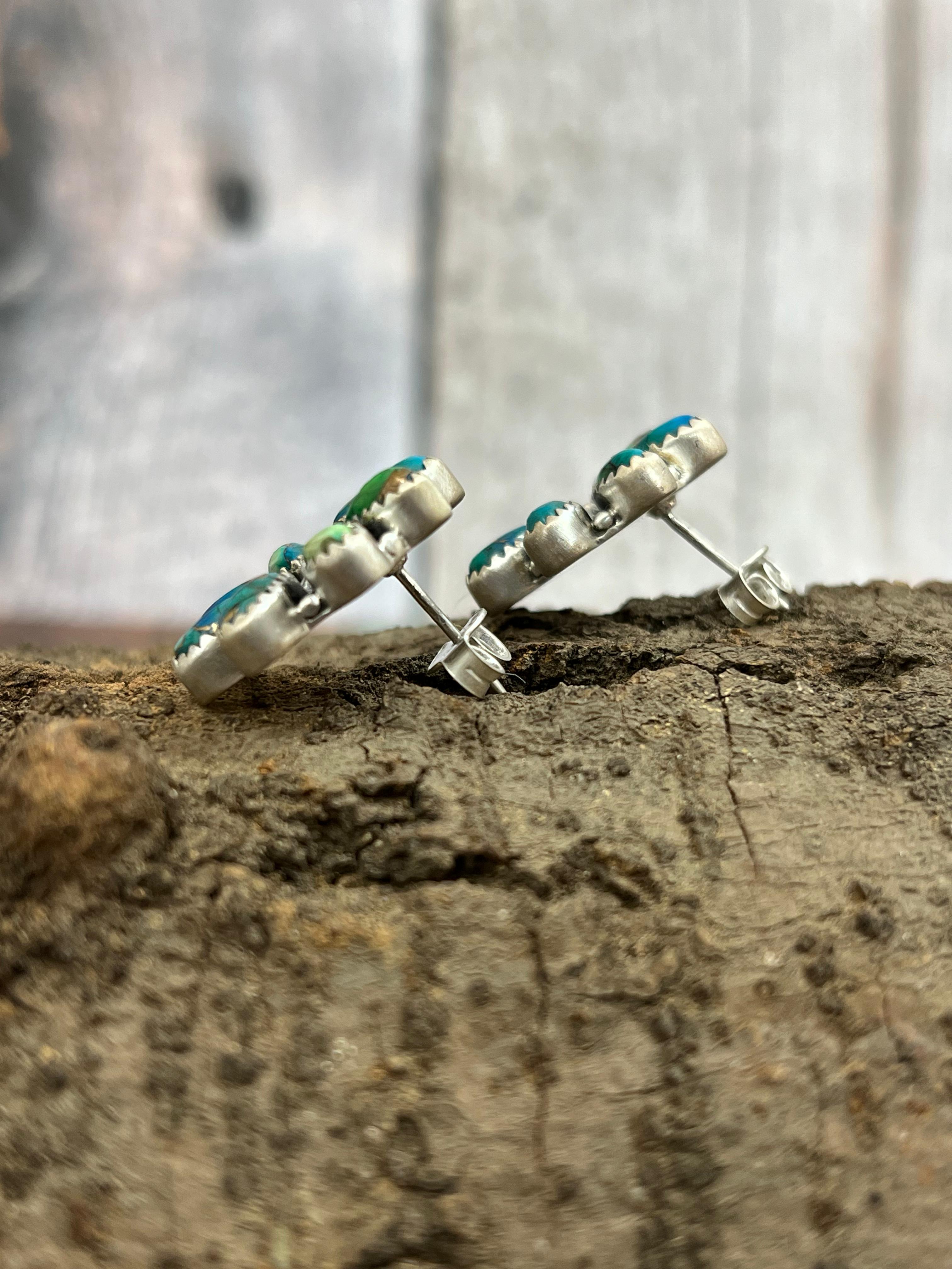 Handmade Sterling Silver Peacock Dahlia Post Earrings with Signed Nizhoni