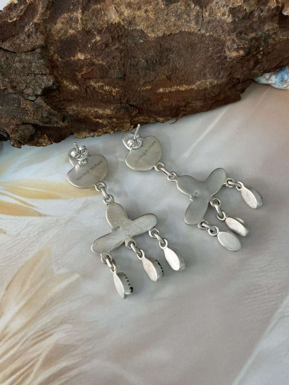 Handmade Sterling Silver White Buffalo Post Dangle Earrings "Signed Nizhoni"