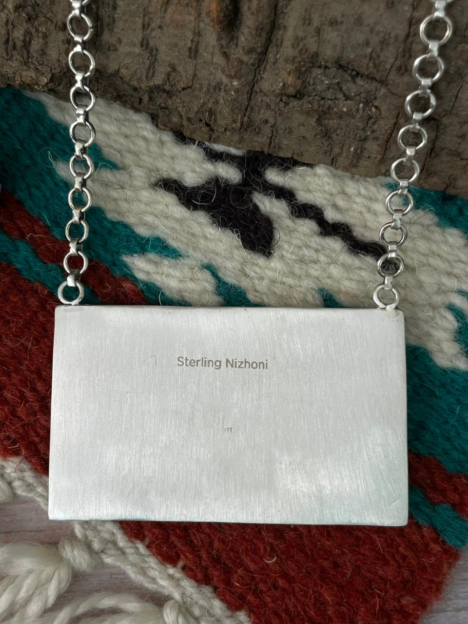 Handmade Sterling Silver Dahlia Rose with Emerald Valley Turquoise Necklace "Signed Nizhoni"