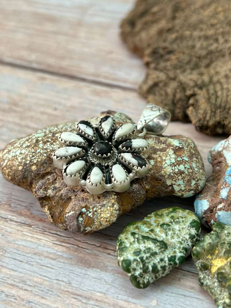 Handmade Sterling Silver White Buffalo Turquoise Pendant with Signed Nizhoni