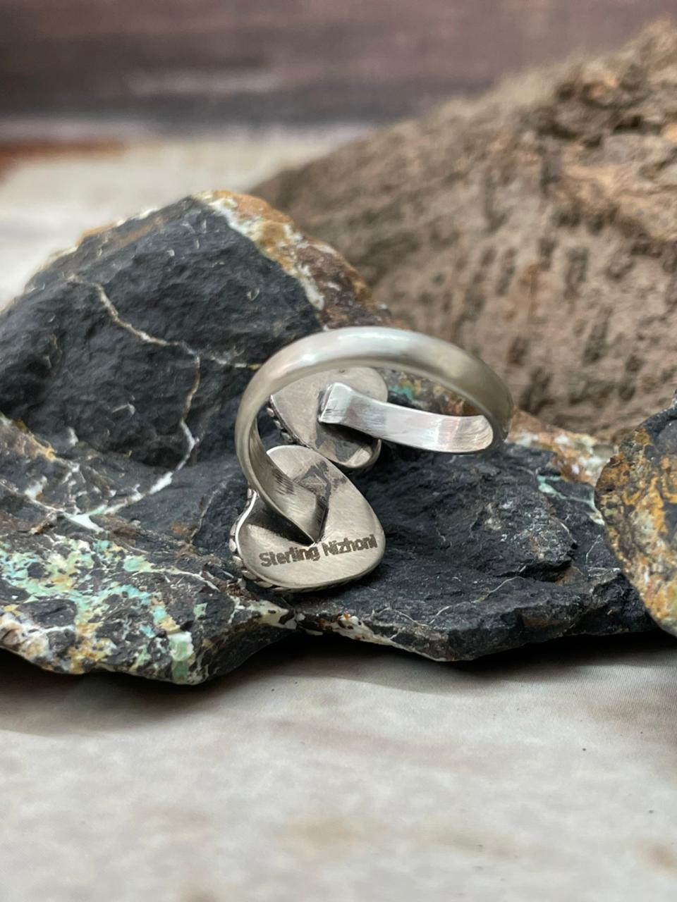 "Heart Collection" Handmade Sterling Silver Kingman Turquoise Adjustable Ring "Signed Nizhoni"