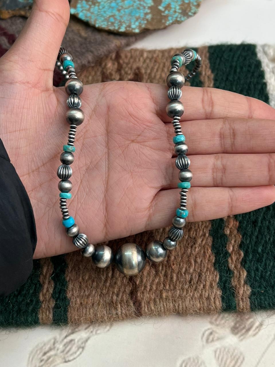 Handmade Sterling Silver Beaded Kingman Turquoise Necklace