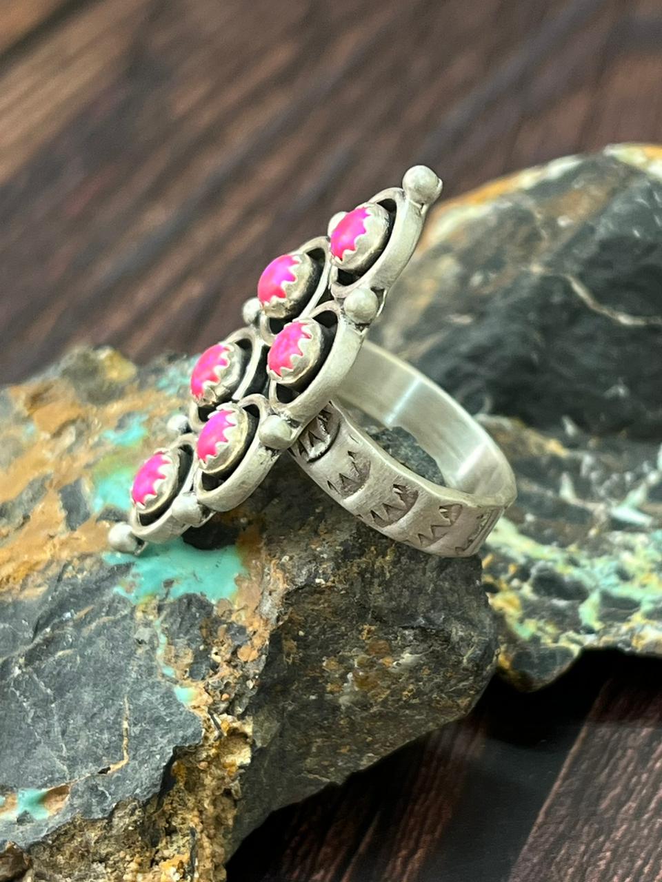 Handmade Sterling Silver Hot Pink Adjustable Ring "Singed Nizhoni"
