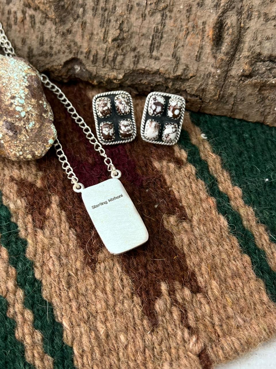 Handmade Sterling Silver Wild Horse Magnesite Necklace Earrings Set with Signed Nizhoni