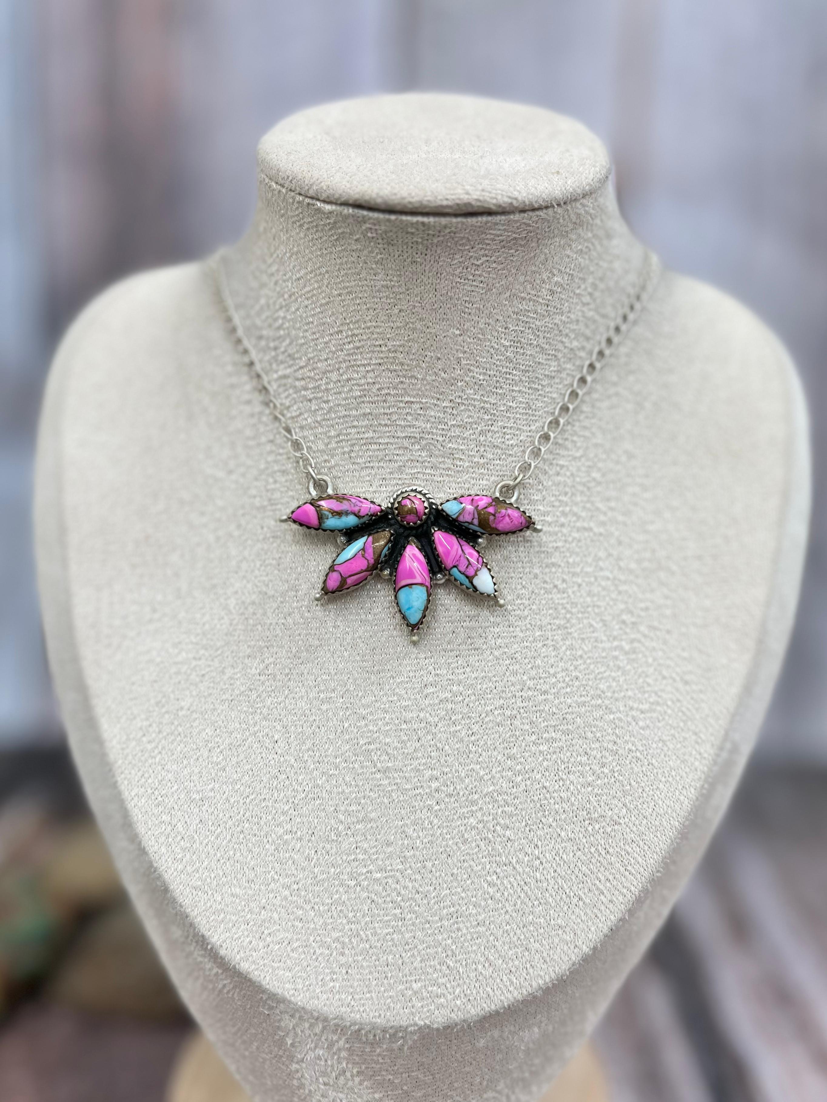 Handmade Sterling Silver Cotton Candy Turquoise Necklace with Signed Nizhoni