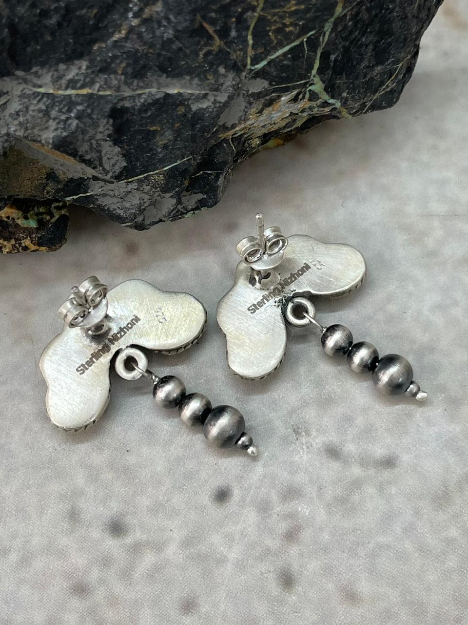 Handmade Sterling Silver Beaded Kingman Turquoise Post Dangle Earrings "Signed Nizhoni"