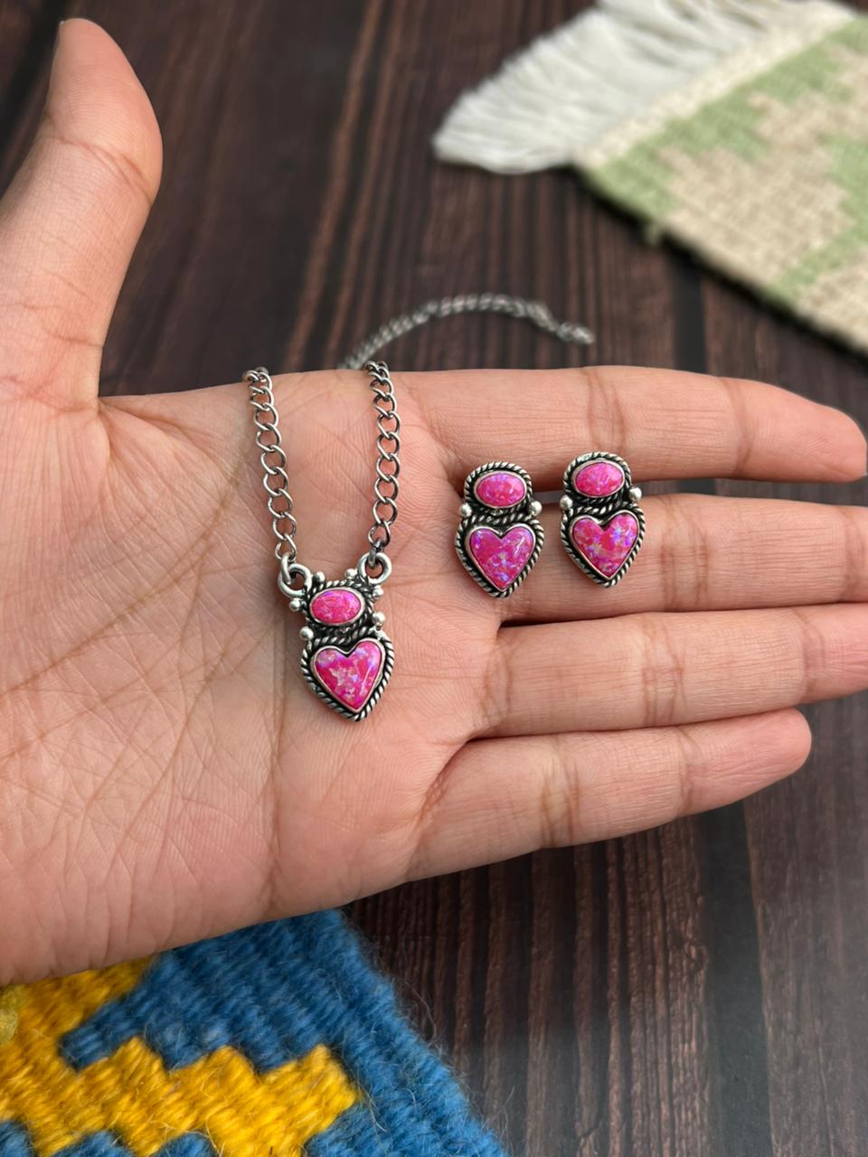 Handmade Sterling Silver Hot Pink Necklace Earrings Set "Signed Nizhoni"