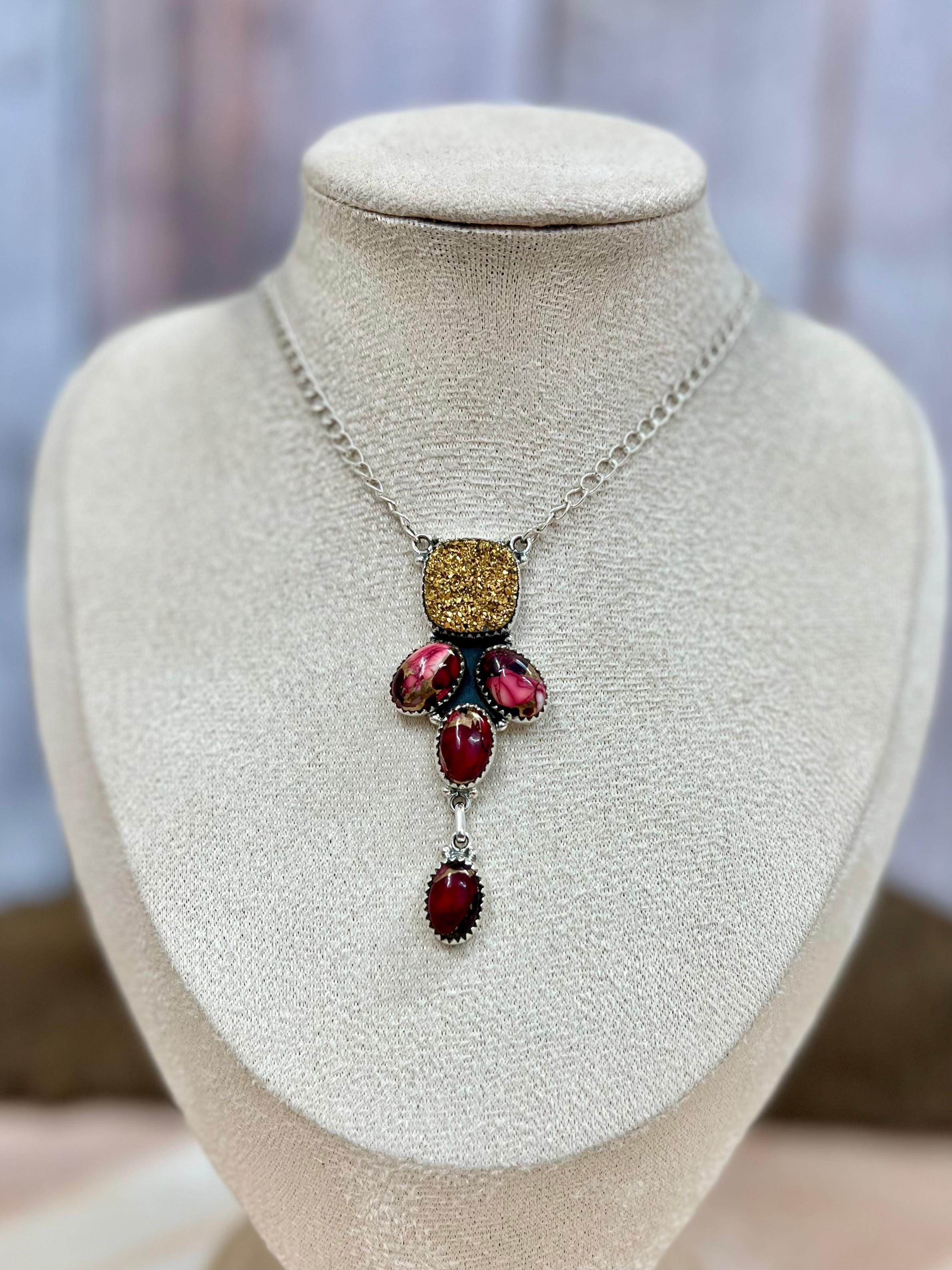 Handmade Sterling Silver Dahlia Rose with Druzy Necklace with Signed Nizhoni