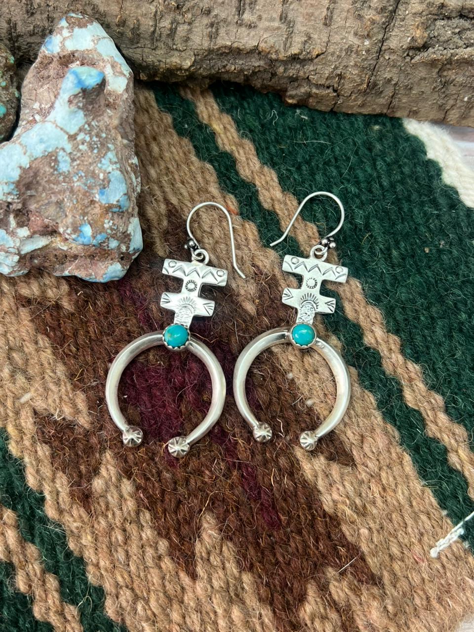 Handmade Sterling Silver Kingman Turquoise Hook Dangle Earrings "Signed Nizhoni"