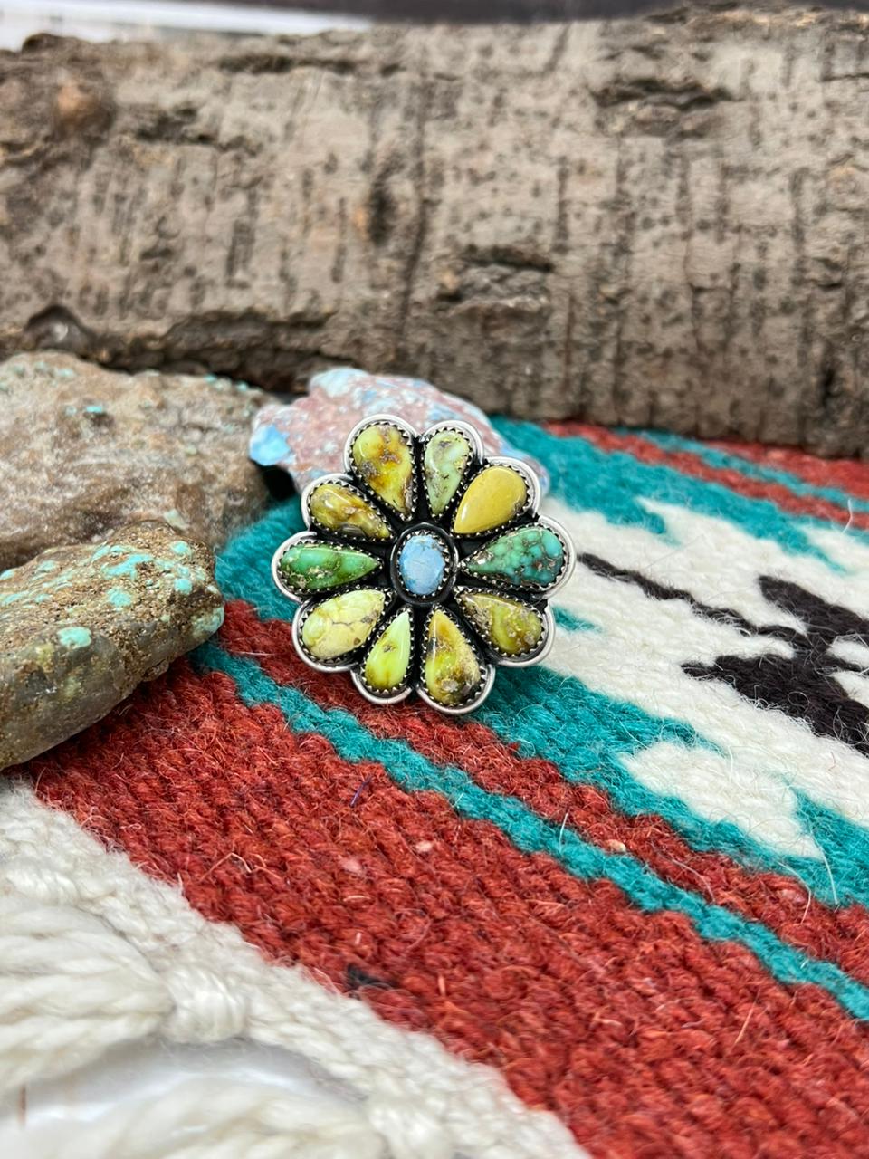 Handmade Sterling Silver Palomino with Golden Hills and Sonoran Mountain Turquoise Adjustable Ring " Signed Nizhoni"