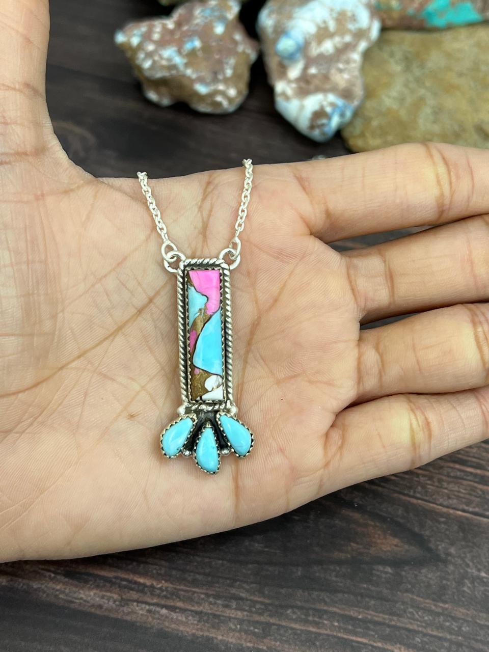 Handmade Sterling Silver Cotton Candy Turquoise Necklace with Signed Nizhoni