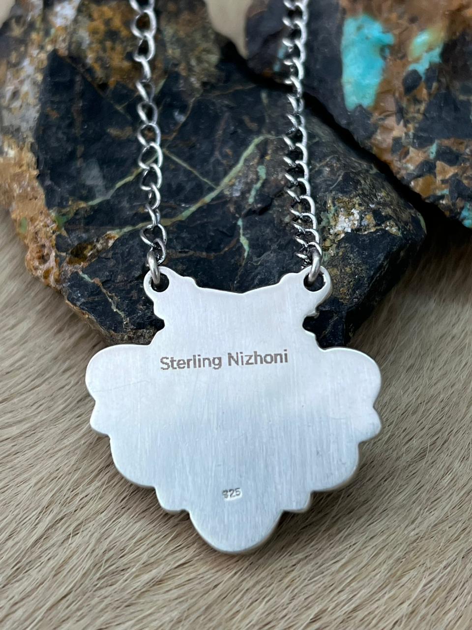 Handmade Sterling Silver Blackjack Turquoise Necklace "Signed Nizhoni"