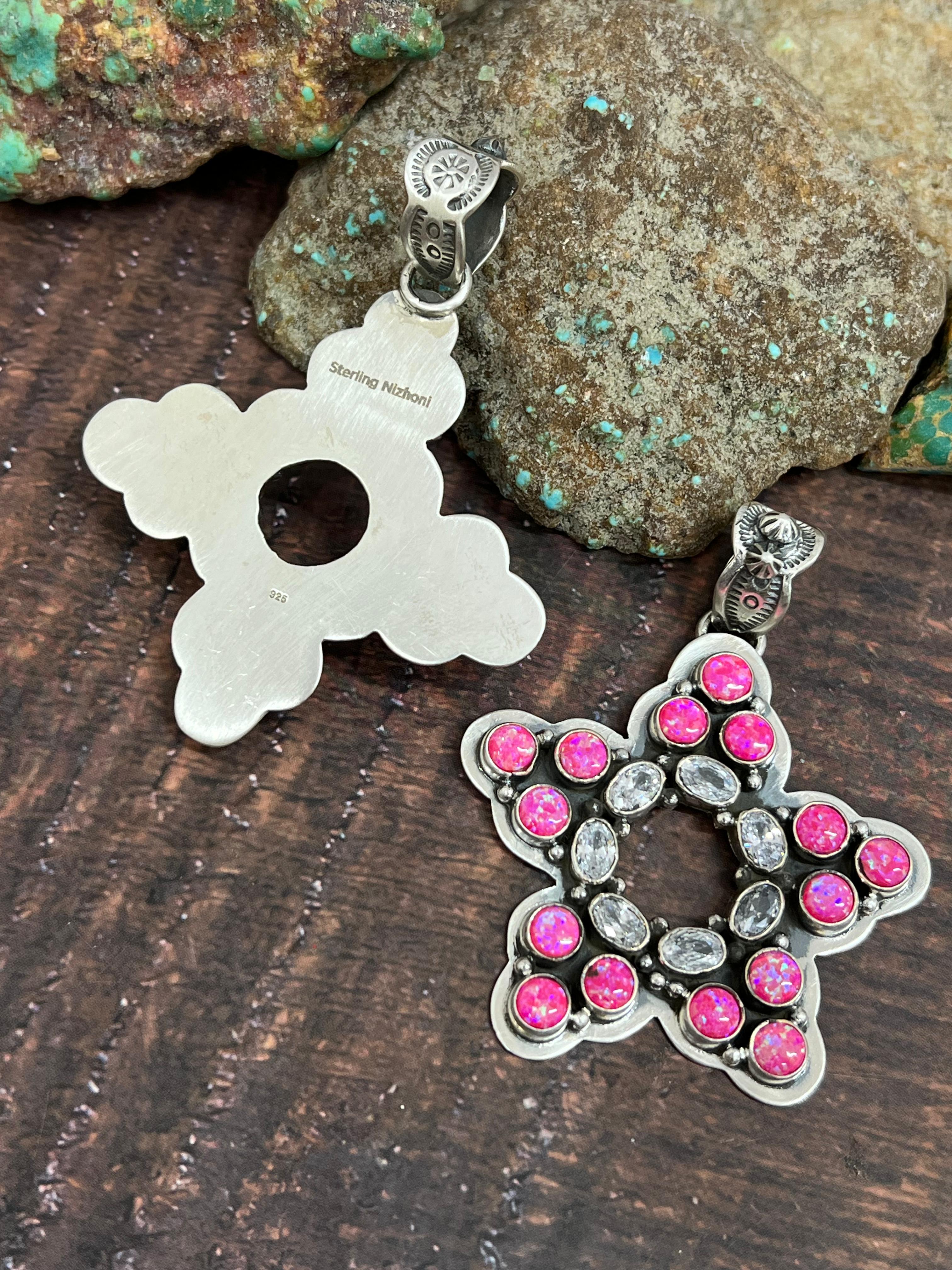 Handmade Sterling Silver Hot Pink with CZ Star Pendant, Signed Nizhoni