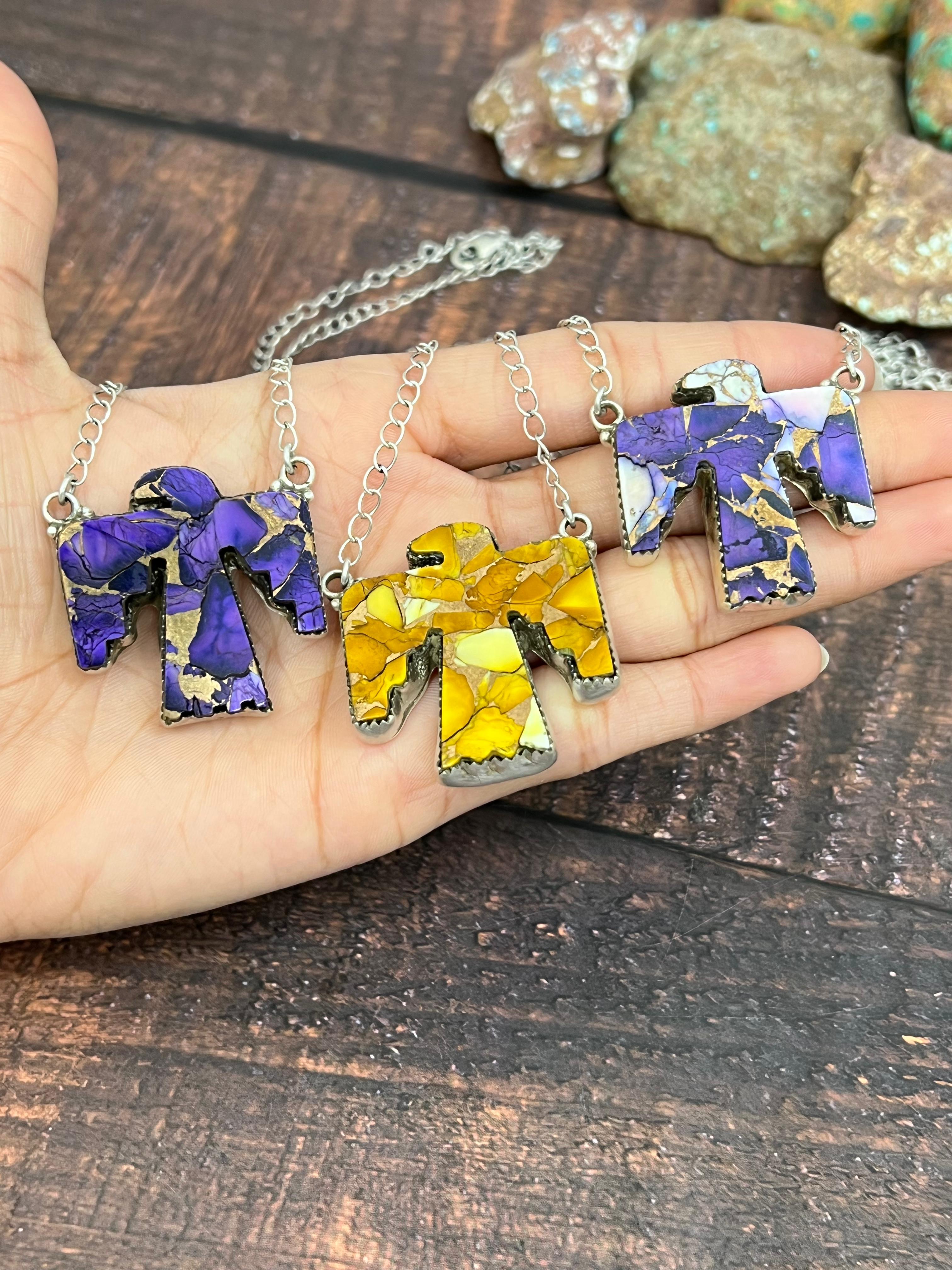 Handmade Sterling Silver Multi Gemstone Thunderbird Necklace with Signed Nizhoni