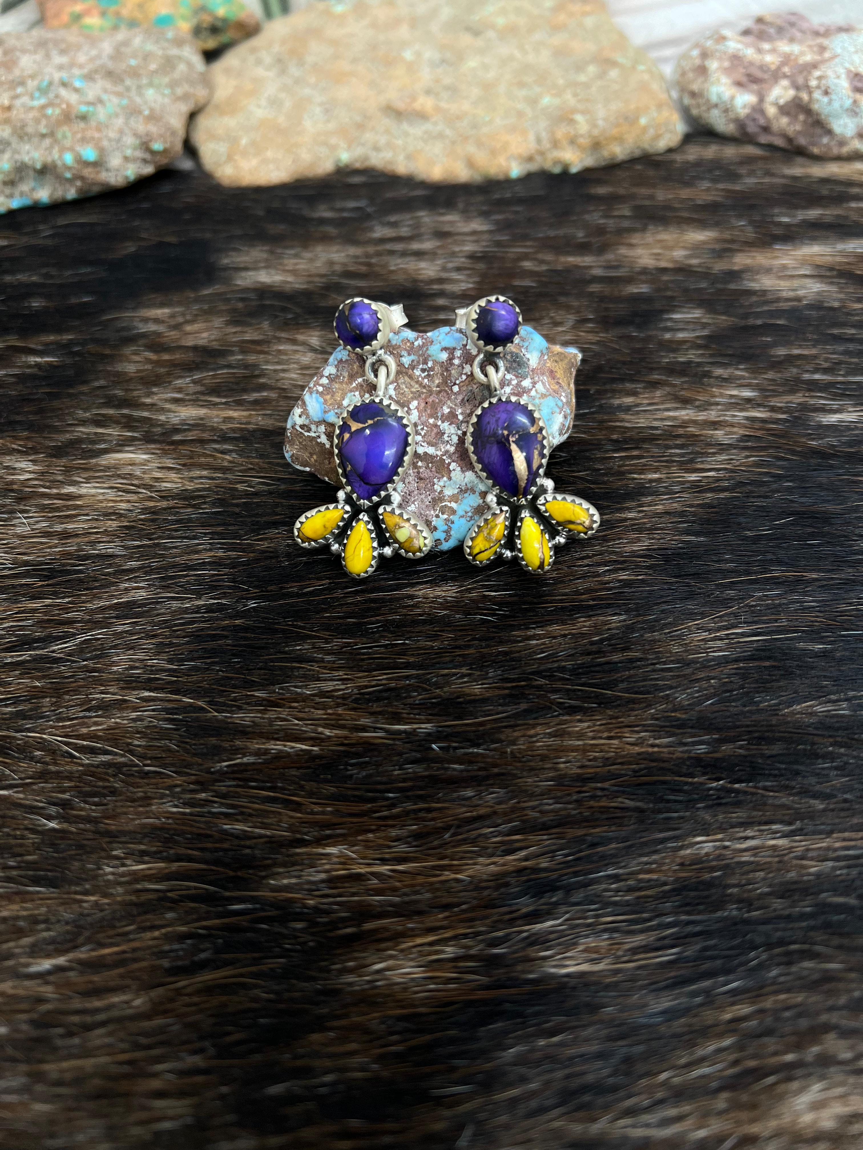 Handmade Sterling Silver Grape Dahlia With Honey Dahlia Post Studs with Signed Nizhoni