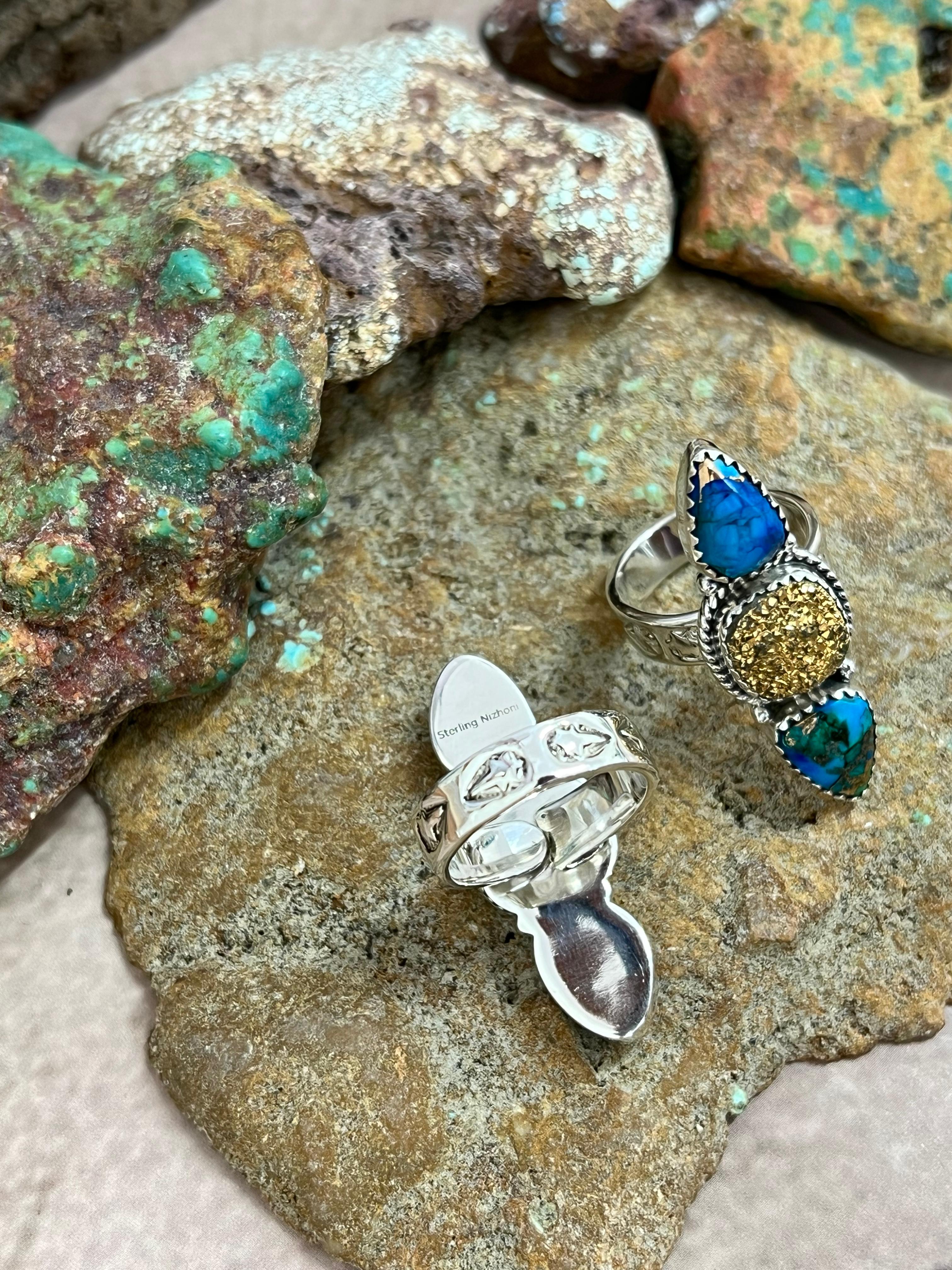 Handmade Sterling Silver Dahlia Rose with Druzy, Peacock Dahlia with Druzy Adjustable Ring, Signed Nizhoni
