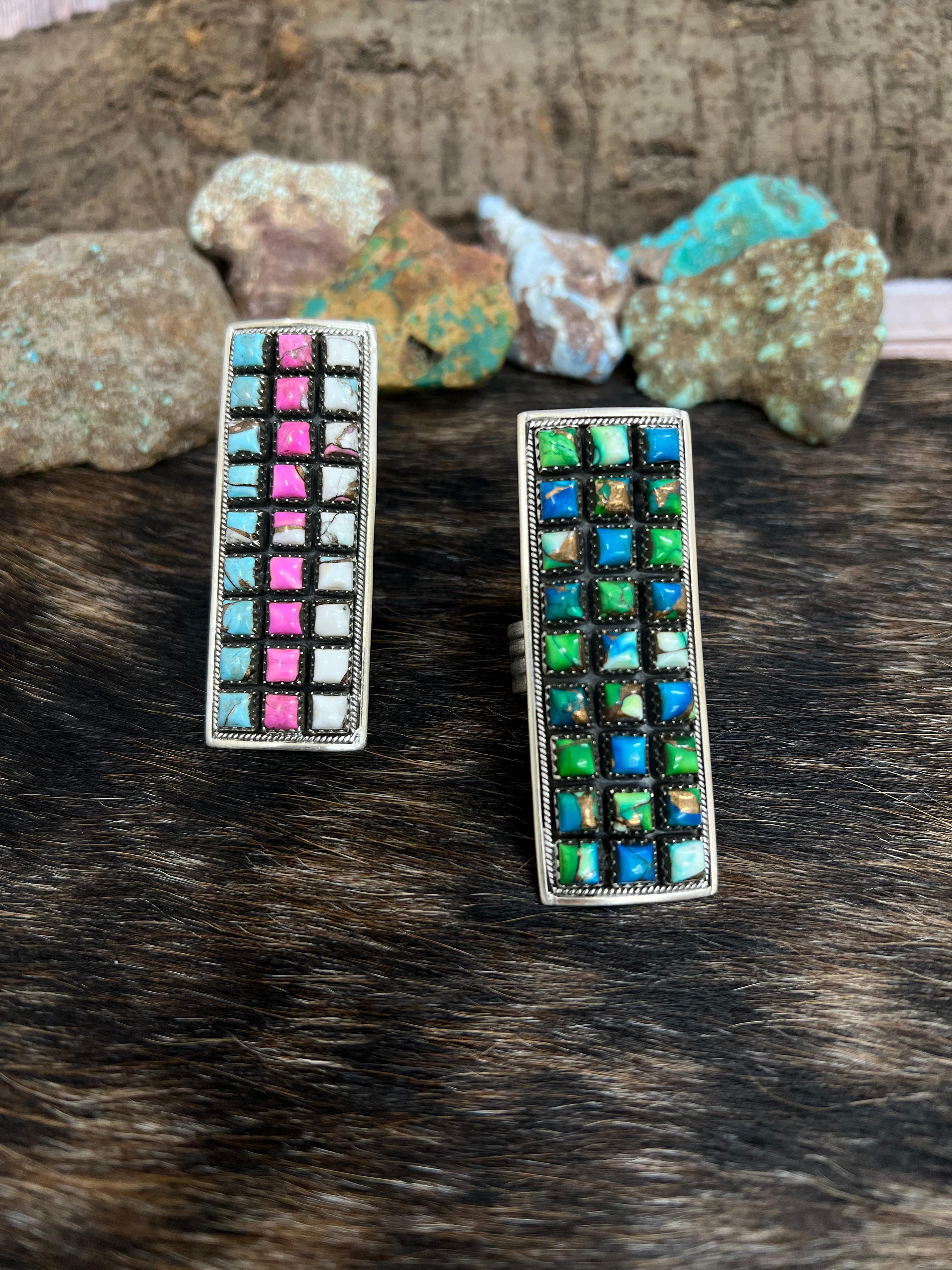 Handmade Sterling Silver Cotton Candy Turquoise, Peacock Dahlia Adjustable Rings with Signed Nizhoni