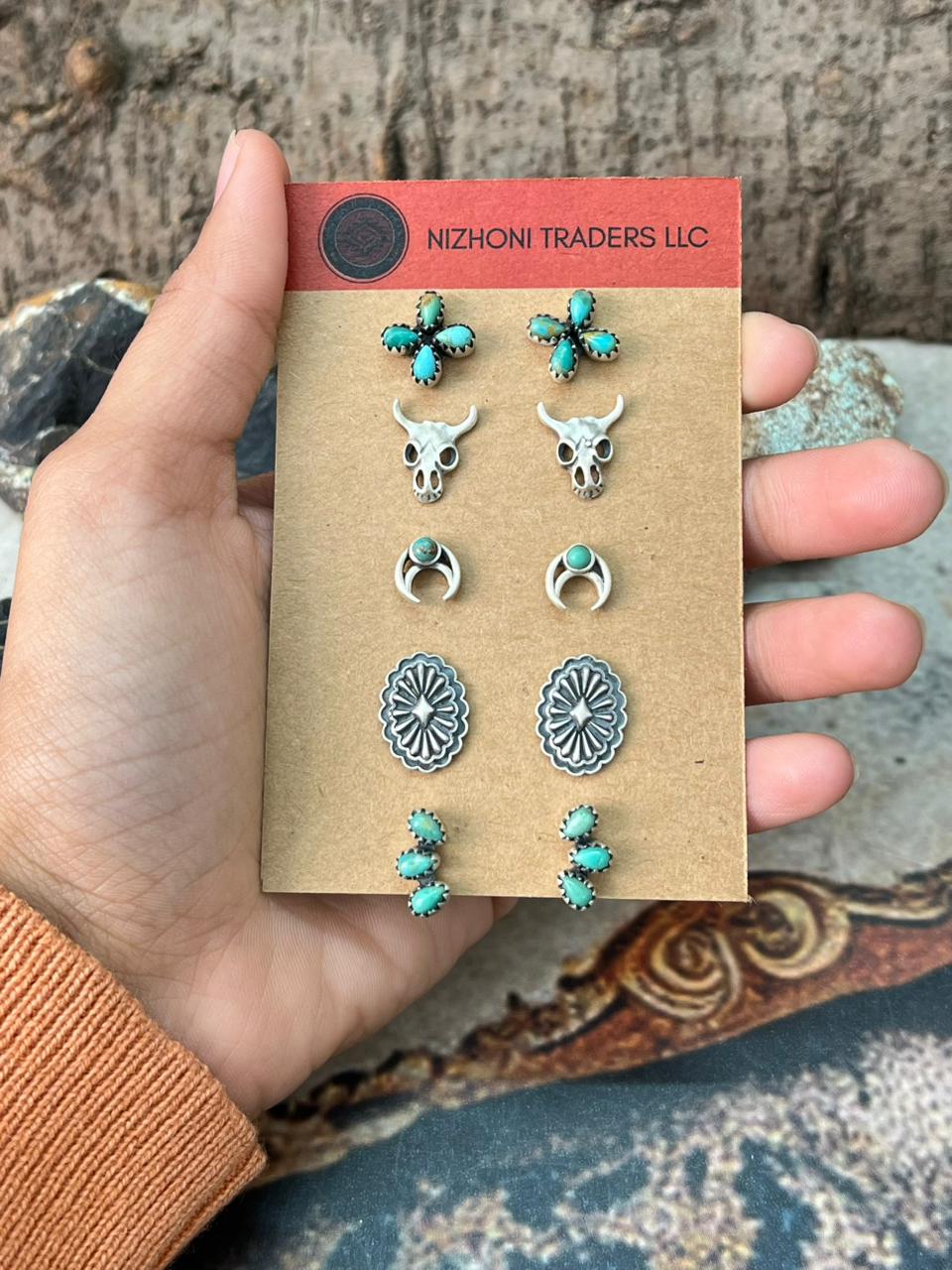 Handmade Sterling Silver Kingman Turquoise Post Studs Earrings Set